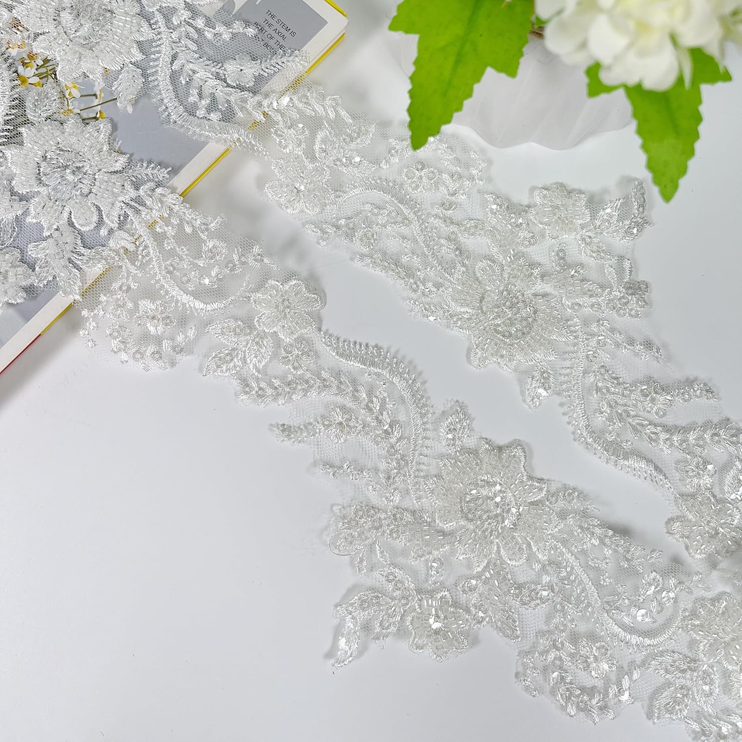 Embroidered Lace Trim with Sequins and Beads,Floral Lace Appliqué Ribbon for Wedding Dresses, Gowns, Headpieces, DIY Sewing Crafts (Pattern B 5yards)