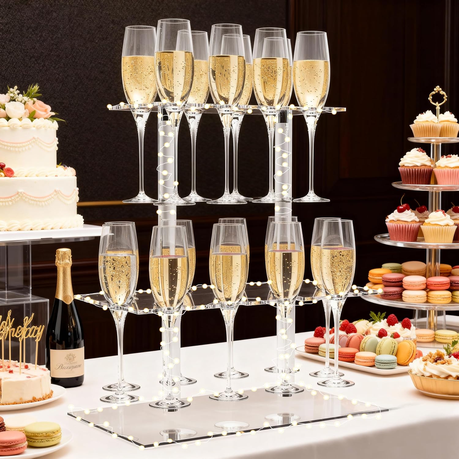 Champagne Display Holder Stand for Party, With 18 Slots, 2 Tier Clear Acrylic Wine Glass Stemware Rack Champagne Flute Holder with Led Light, Measures 16.5" x 15.7" x 11.8"
