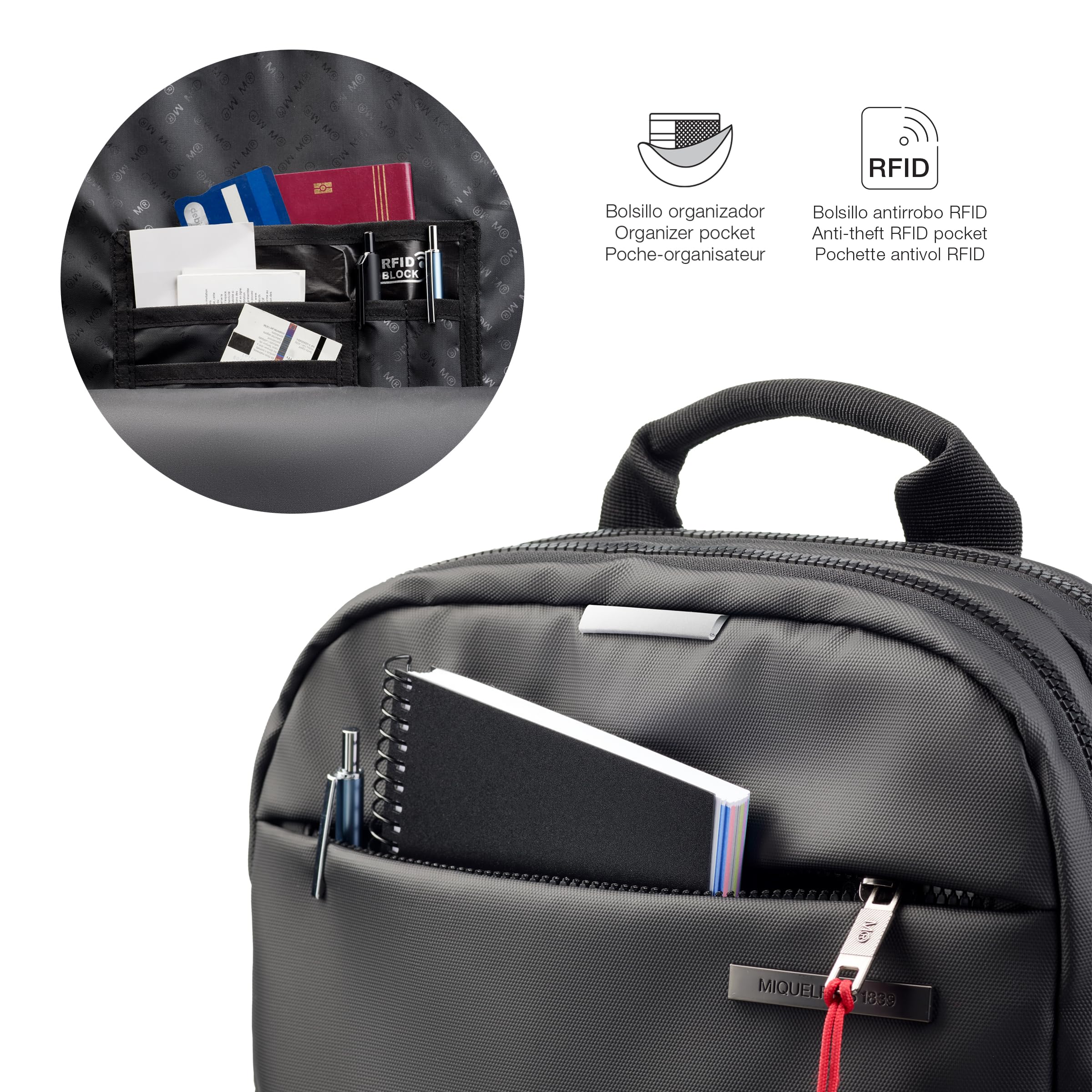 Miquelrius - Zaino per computer da 13 l, tasca antifurto RFID, dettagli riflettenti, chiusura di sicurezza, adattabile trolley, zaino portatile + tablet, idrorepellente