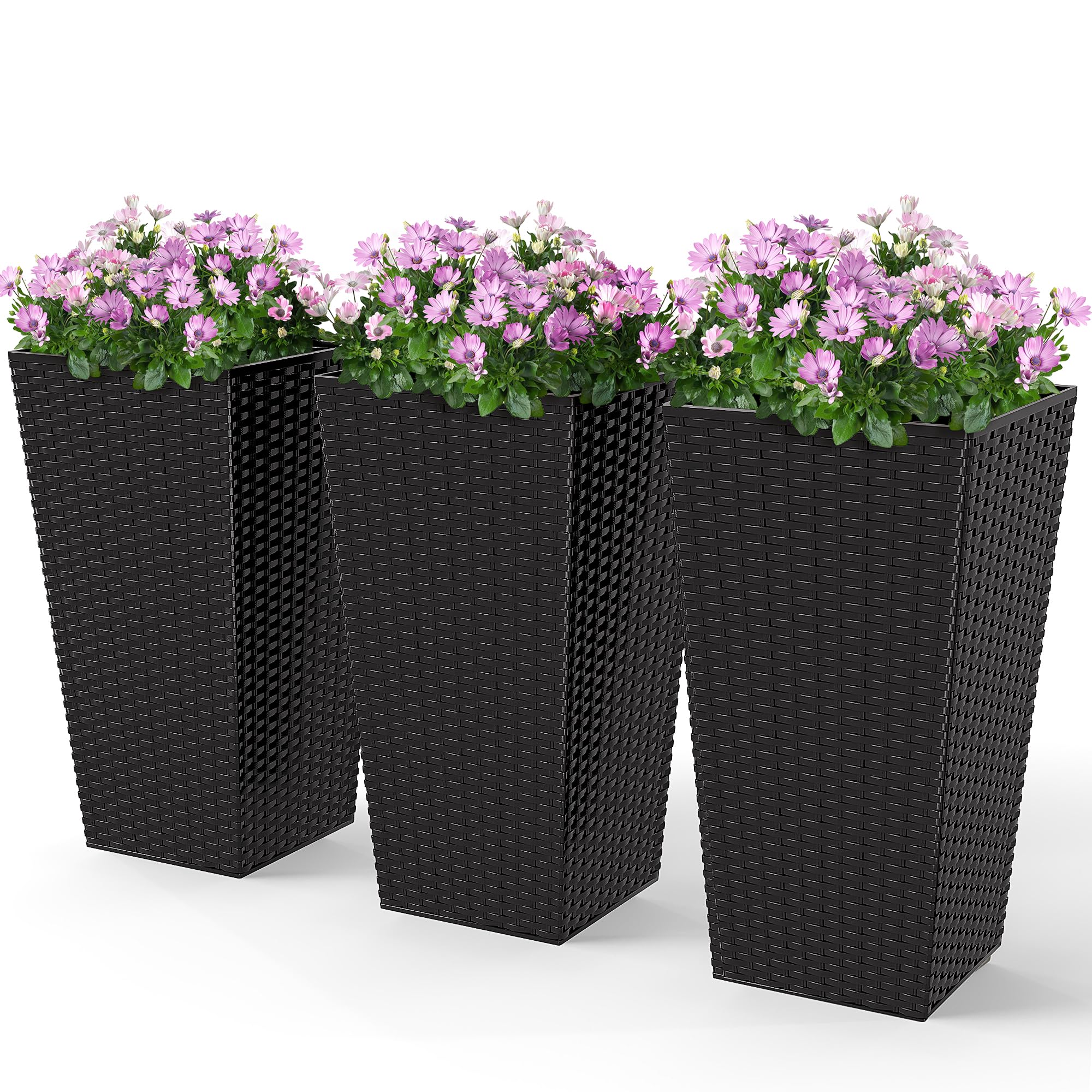 Outsunny Tall Planters for Outdoor Plants Set of 3, 24 in Taper Planters with Drainage Holes, Rattan Decor Plant Pots for Indoor Outdoor Front Porch Patio Backyard, Black