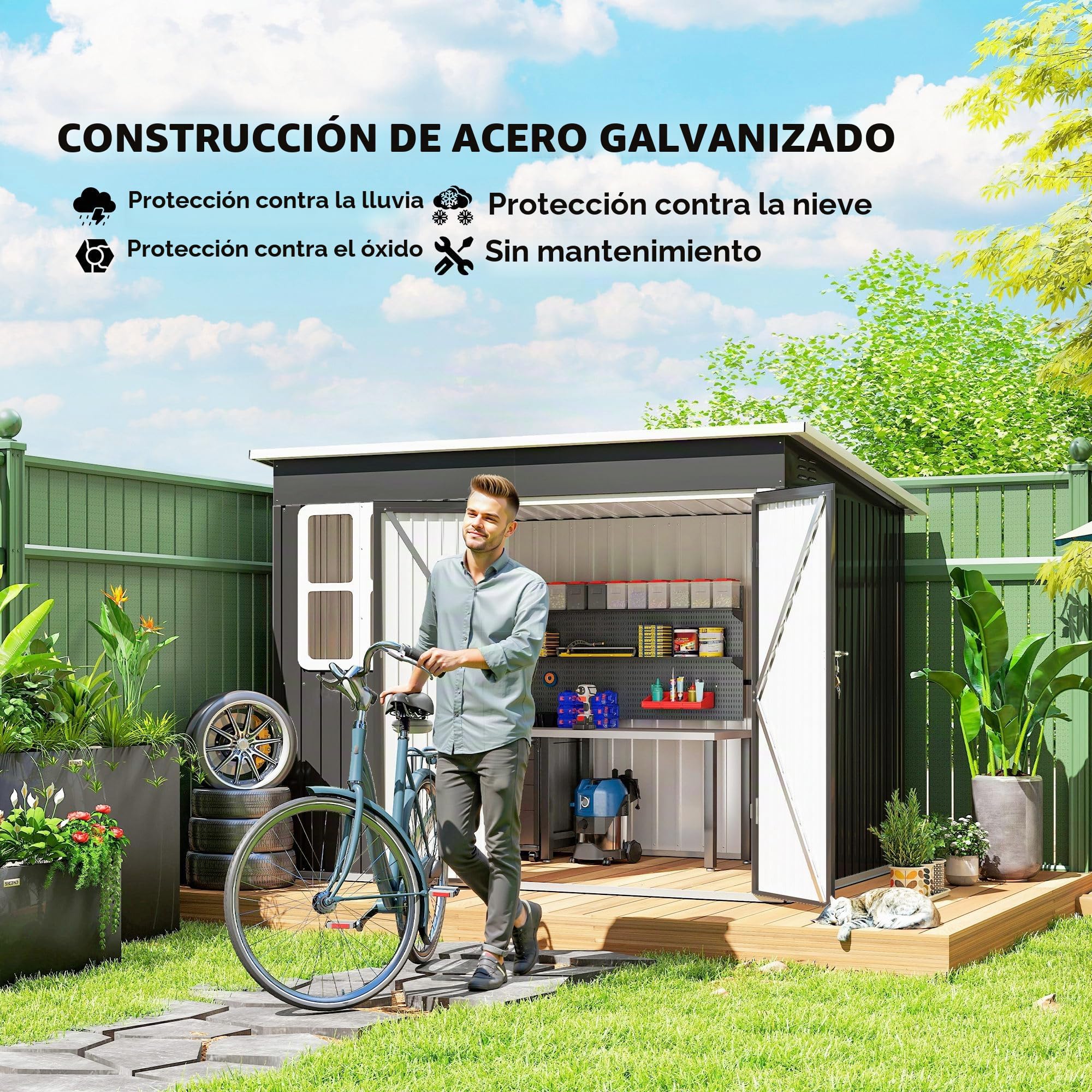 Outsunny Cobertizo jardín 8.5' x 6' Ventana respiraderos Gris Oscuro