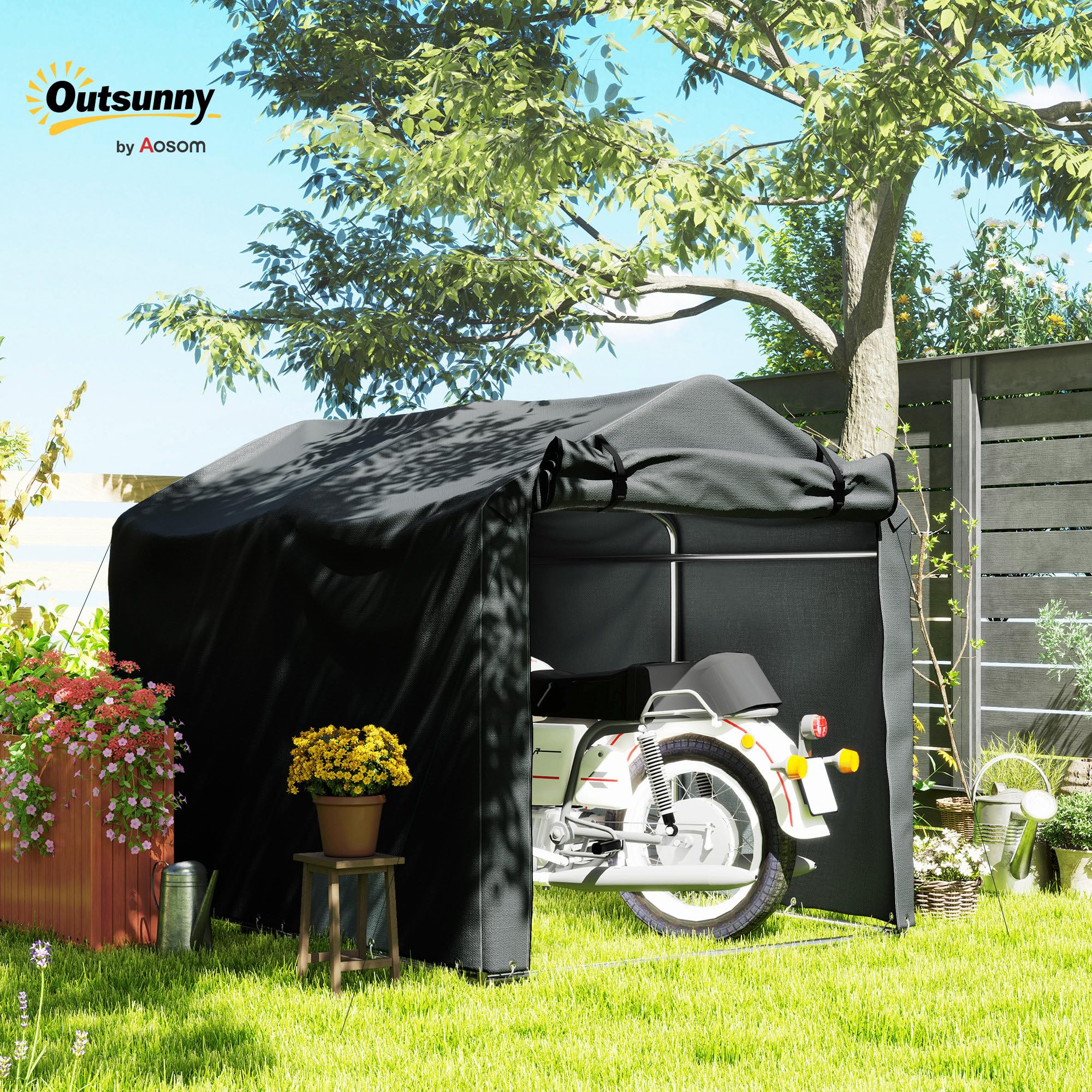 Outsunny Carpa de Jardín Exterior para Herramientas Bicicletas 2,2x1,57x1,65 m, Cobertizo Exterior con Puerta Desmontable con Cremallera, Impermeable, Anti-UV, Garaje Portátil, Gris Oscuro