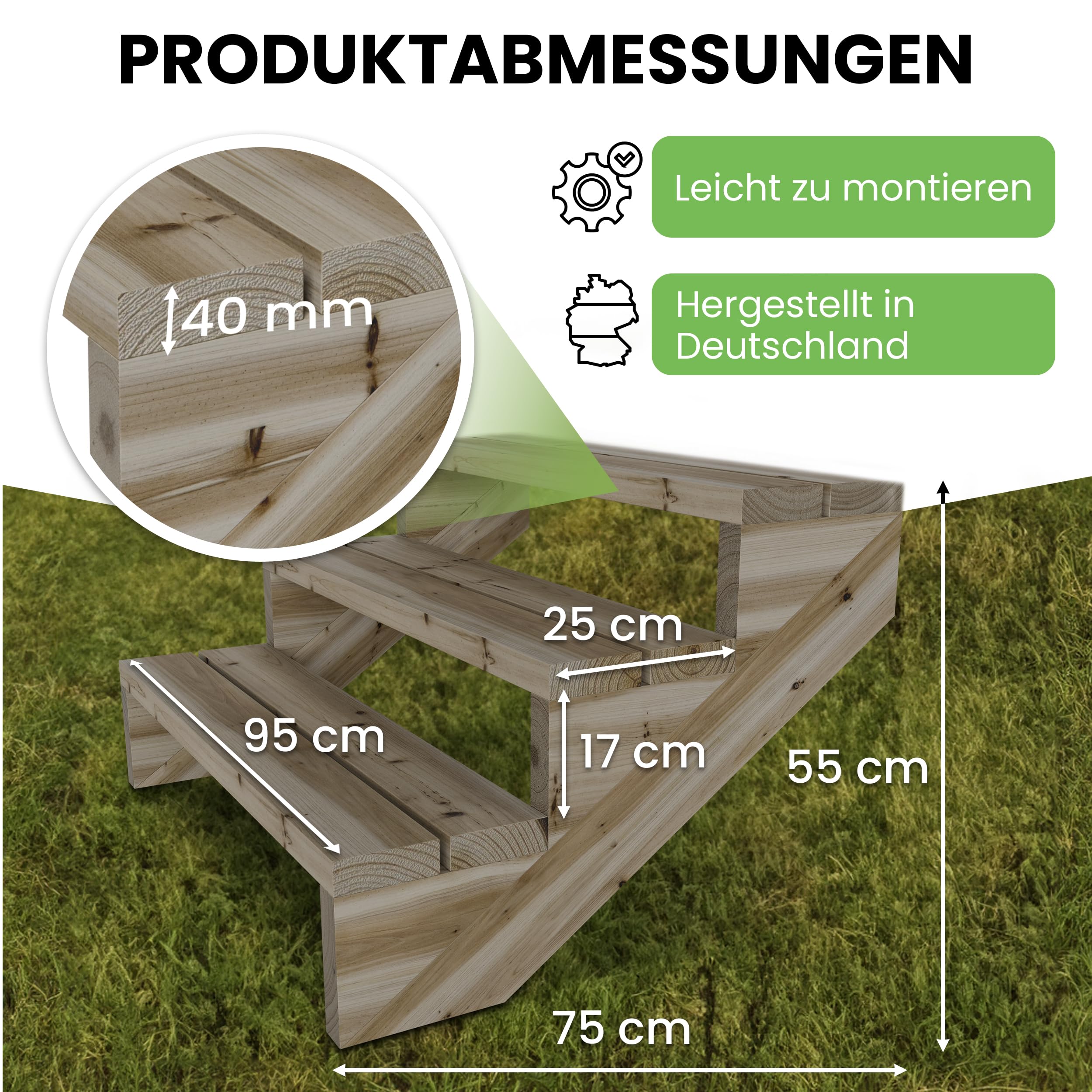 Gartenwelt Riegelsberger Terrassentreppe Breite 95 cm Treppe mit 3 Stufen Gesamthöhe 55 cm Massivholz Kiefer kesseldruckimprägniert Komplett-Set Wangen, Bohlen & Schrauben