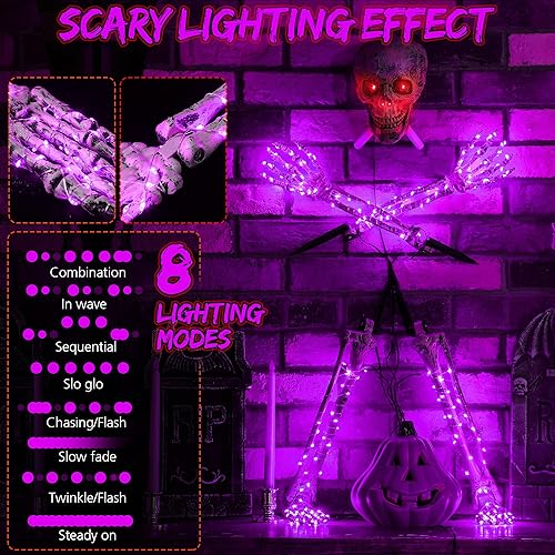 Miniatura 4 de Enhon Decoración de esqueleto de Halloween para patio, decoraciones de cementerio con luz LED de 8 modos, decoraciones de patio de hueso, estacas de
