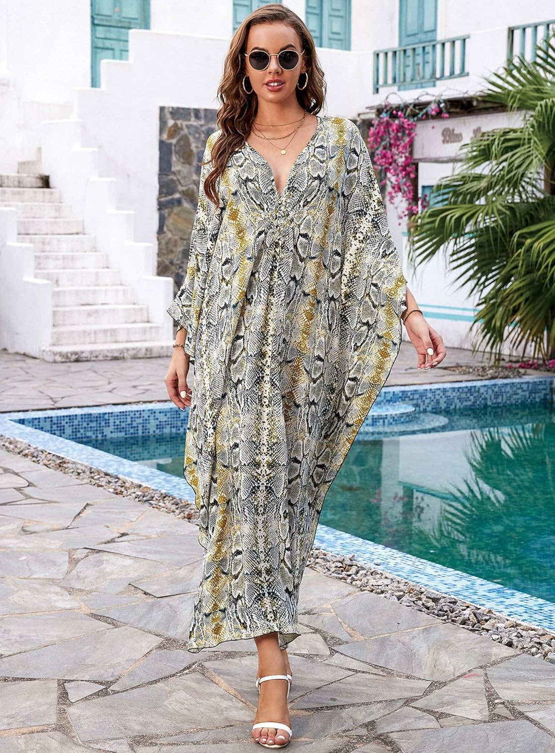 Kaftan Dresses for Women V-Neck Batwing Sleeves Swimsuit Beach Cover Ups Tie Dye Caftan Hawaiian Dress - Image 6