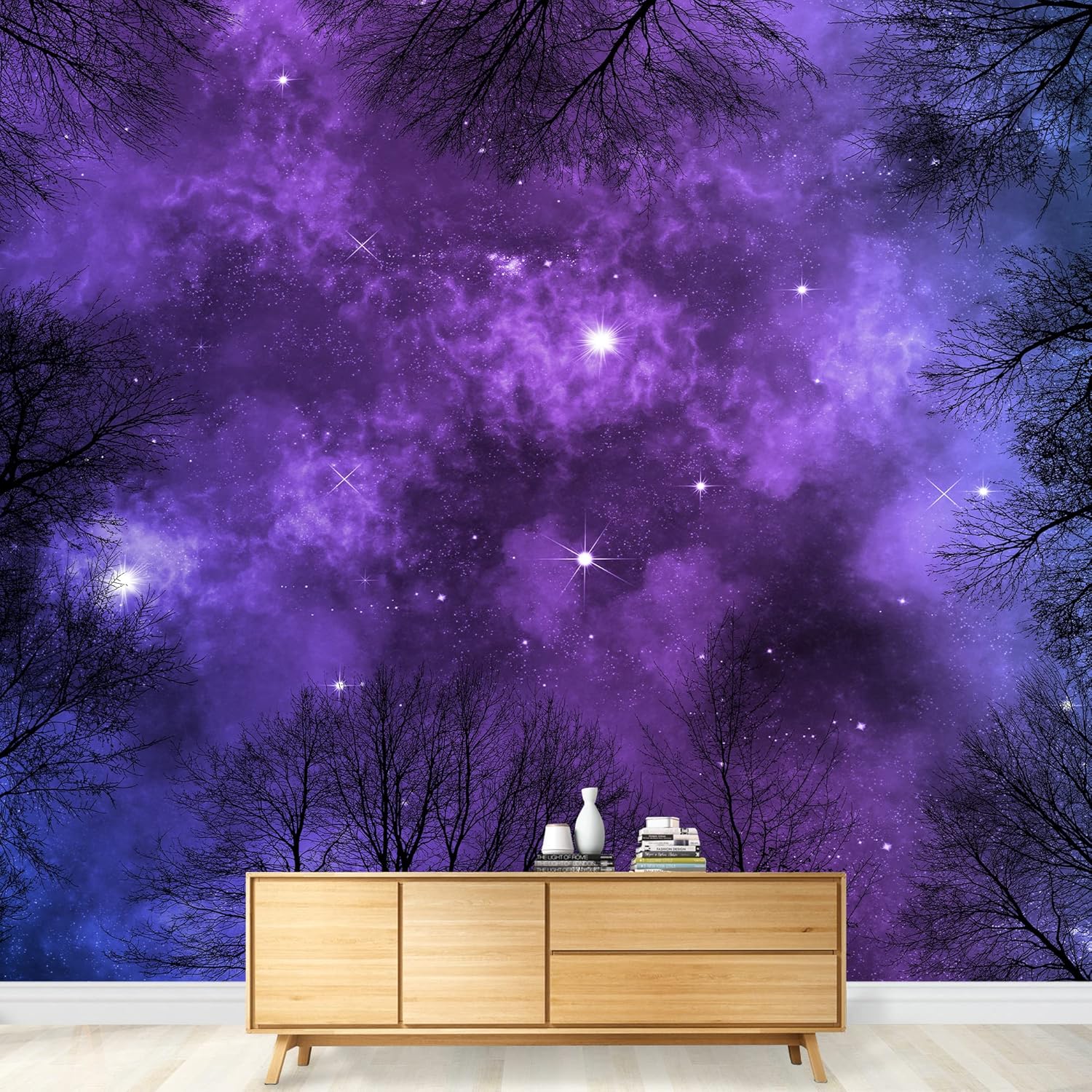 wall26 - Low Angle View of Colorful Nebula on Starry Night Sky in Forest, View Through Trees, Background - Removable Wall Mural | Self-Adhesive Large Wallpaper - 66x96 inches
