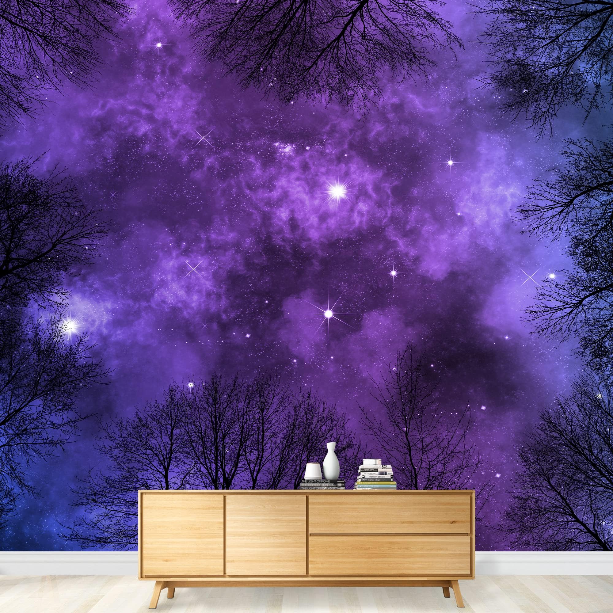 wall26 - Low Angle View of Colorful Nebula on Starry Night Sky in Forest, View Through Trees, Background - Removable Wall Mural | Self-Adhesive Large Wallpaper - 66x96 inches