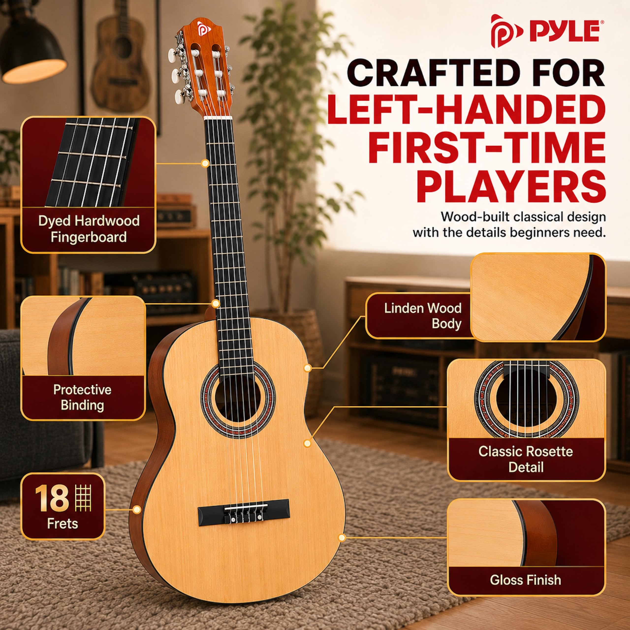 Pyle Chitarra acustica a 6 corde, sinistra, marrone lucido (PGACLS82LFT.9)
