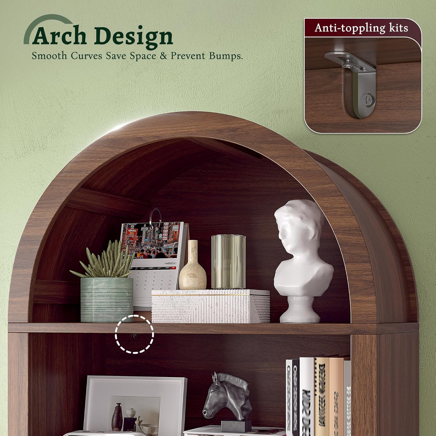DurayLoly 79.9" Tall Arched Cabinet, 6-Tier Arched Bookcase with Fluted Doors and Adjustable Wood Shelves, Wooden Storage Cabinet with Tall Bookshelf for Office, Living Room, Kitchen, Walnut