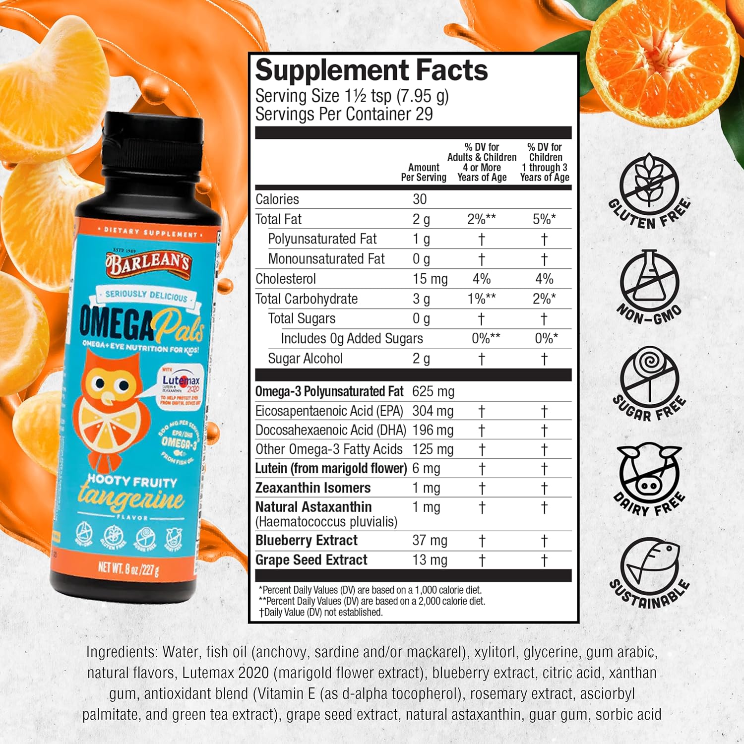 Barlean's Omega 3 Fish Oil Liquid Supplement for Kids, 500 mg of EPA and DHA Fatty Acid for Brain & Eye Health, Hooty Fruity Tangerine, 8 oz, 2 Pack