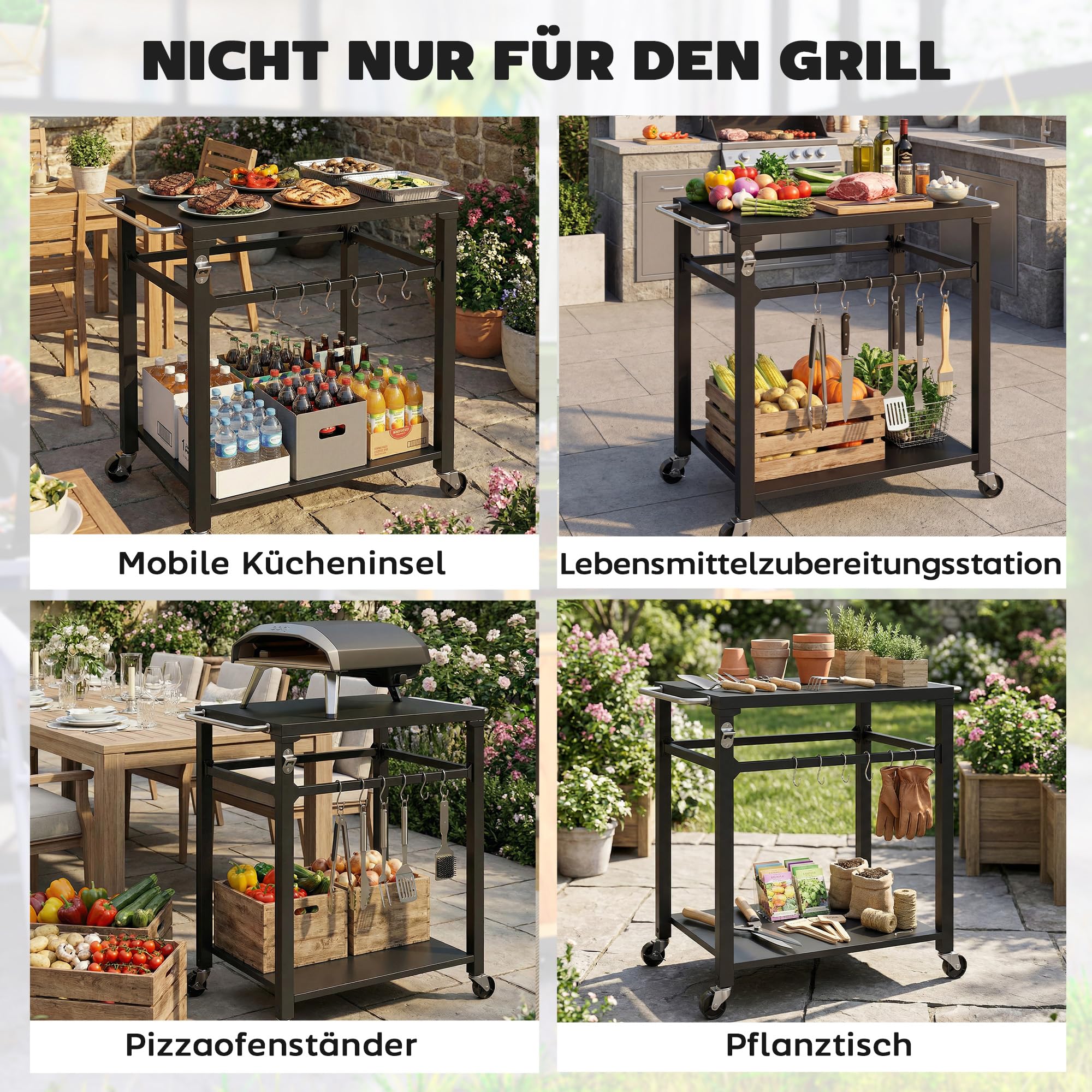 Outsunny Wózek grillowy 2-poziomowy stół grillowy z metalową powierzchnią, haczykami, uchwytami, kółkami mobilny wózek serwisowy outdoorowy stolik pomocniczy 90,5 x 55 x 88 cm Czarny