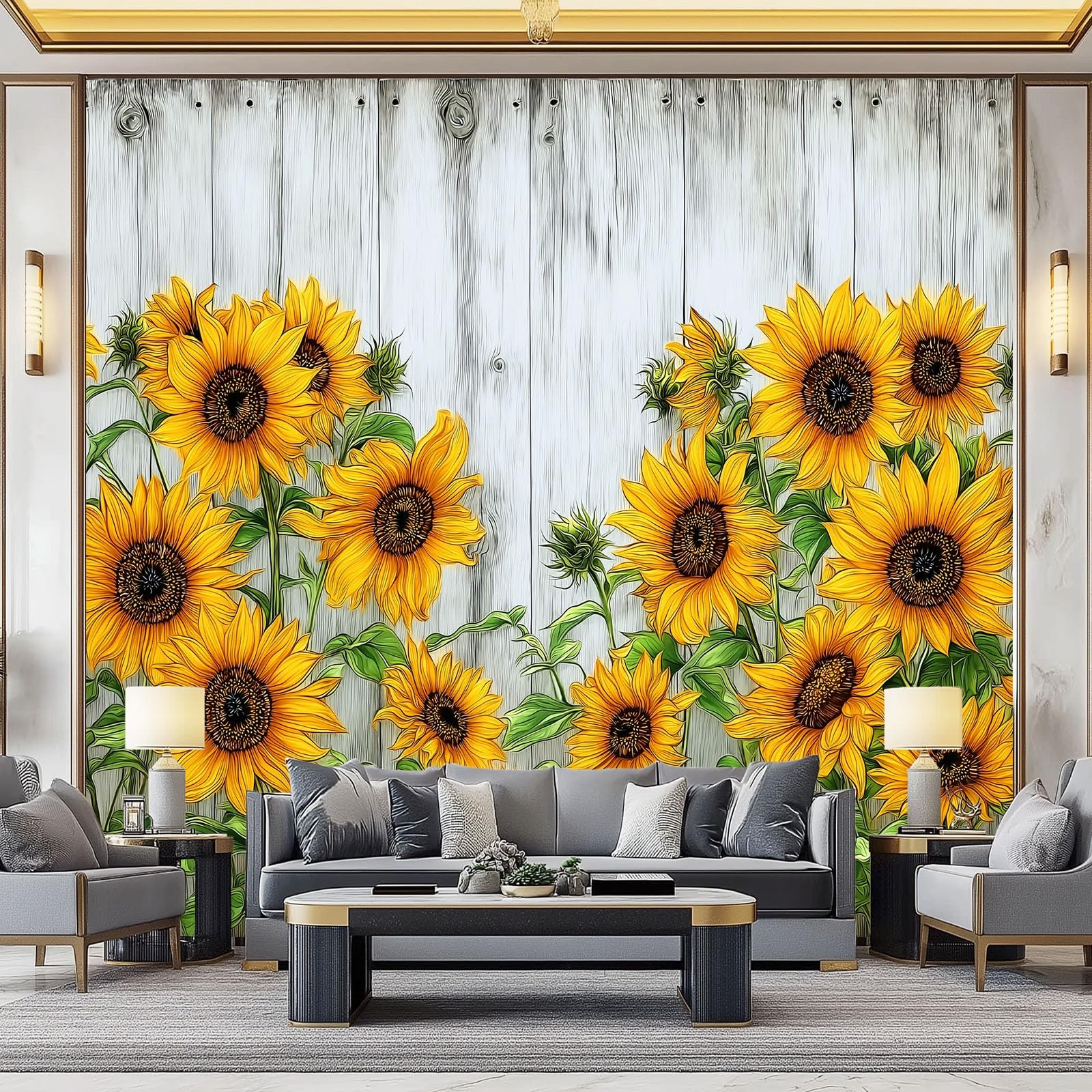 Tapeta z włókniny w stylu retro, słonecznik, deska drewniana, wiejskie kwiaty, 300 x 210 cm, z efektem 3D, fototapeta - nowoczesna tapeta ścienna, tapeta ścienna, dekoracja ścienna do salonu, sypialni