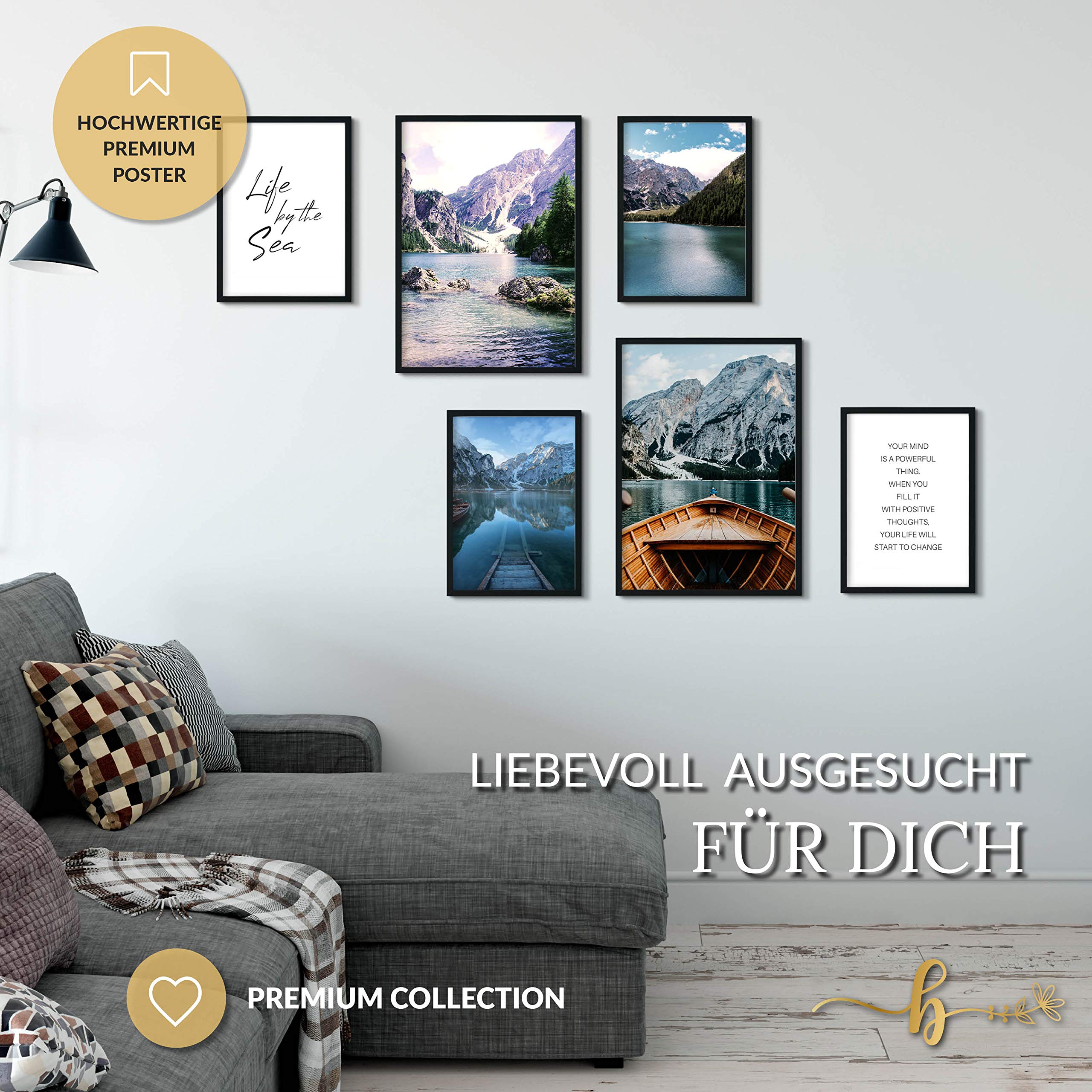 Poster 6er Set Beidseitige Bilder - Stilvolle Home Deko für Schlafzimmer und Wohnzimmer | Poster Vintage Set Traumfänger Boho A3 | A4 (Bergsee, A4 | A5 in Holzrahmen (schwarz))
