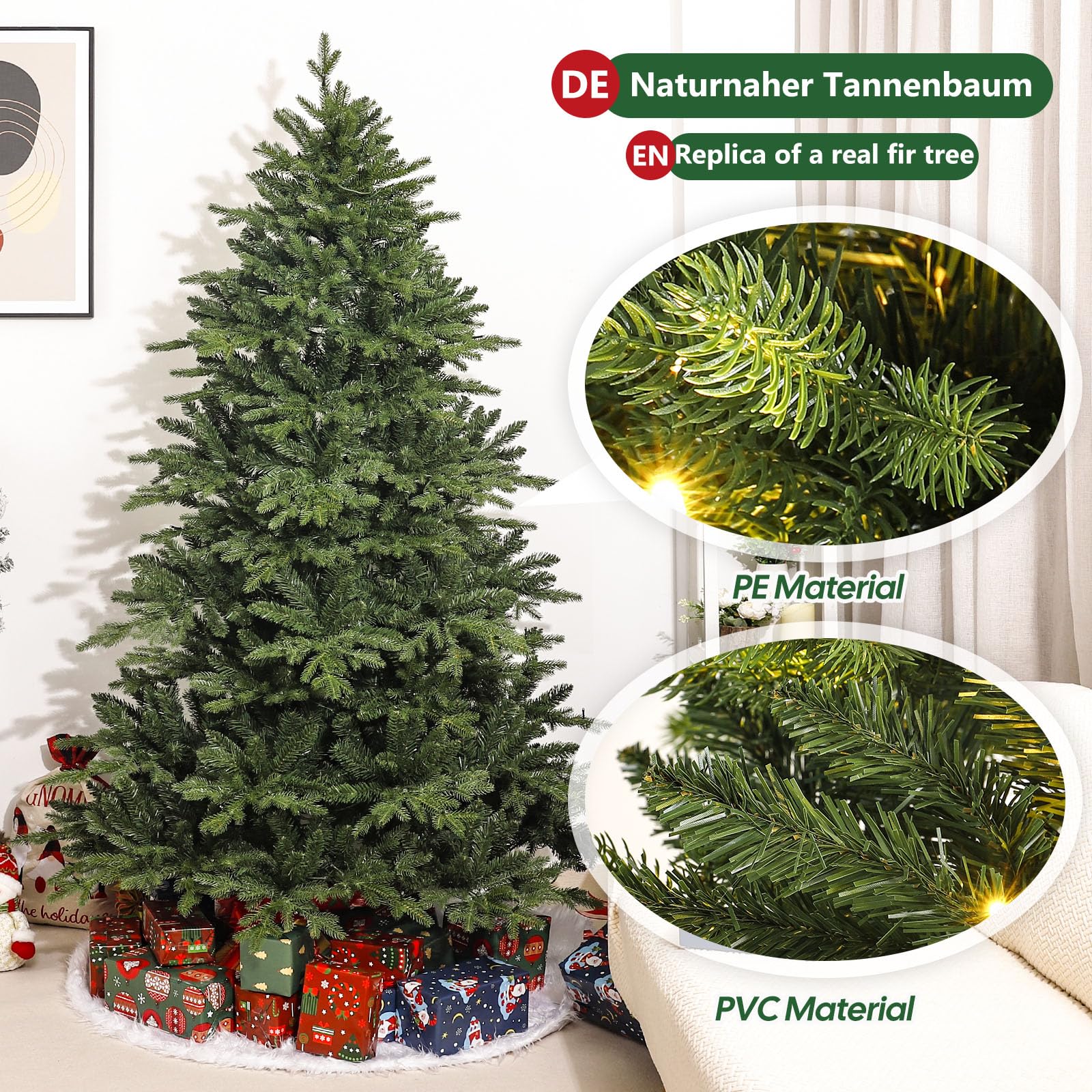 Yorbay Künstlicher Weihnachtsbaum mit Beleuchtung LED: 150 cm Naturgetreu | Mehrweg Tannenbaum mit Stabil Holzständer für Weihnachten Dekoration - Premium Nordmanntanne aus PE&PVC und Dichte Zweige