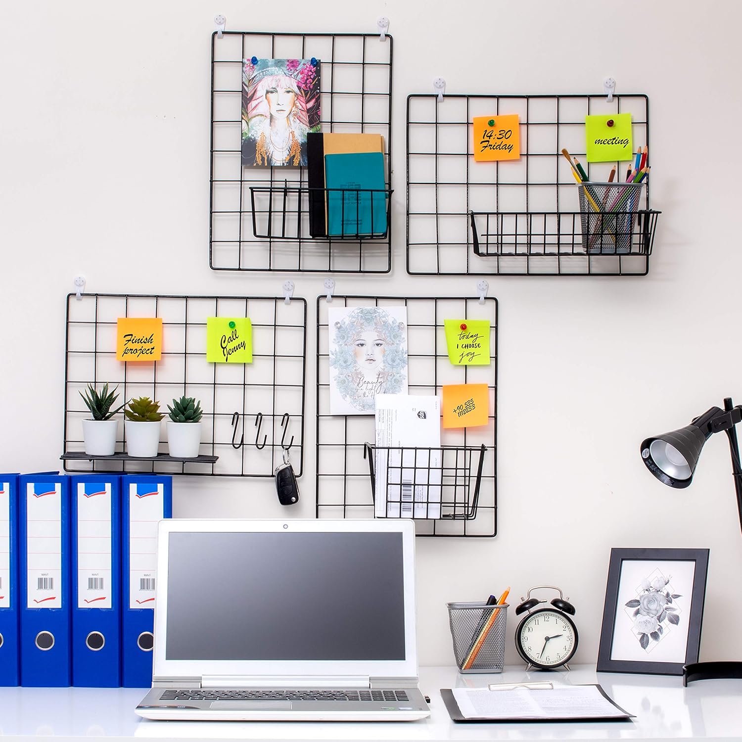 ODOXIA 4-Pack Wire Wall Grid Panel | Photo Grid Wall Decor | Metal Board for Hanging Pictures | Black Wire Organizer for Home, Office & Kitchen | Panel for Display & Storage