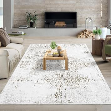Washable Rug 9x12 Rugs for Living Room Non Slip Ultra-Thin Vintage Rugs for Bedroom Boho Paisley Distressed Carpet Non-Shedding Stain Resistant Accent Carpet for Dining Room Home Office Camel