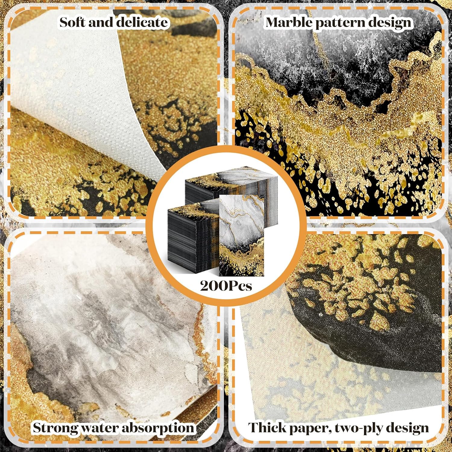 Geyoga 200 Pcs Marble Guest Napkins 2 Ply Disposable Guest Bathroom Paper Black Gold Decorative Napkins Marbleized Hand Towels for Home Bathroom Kitchen Party Table Decor