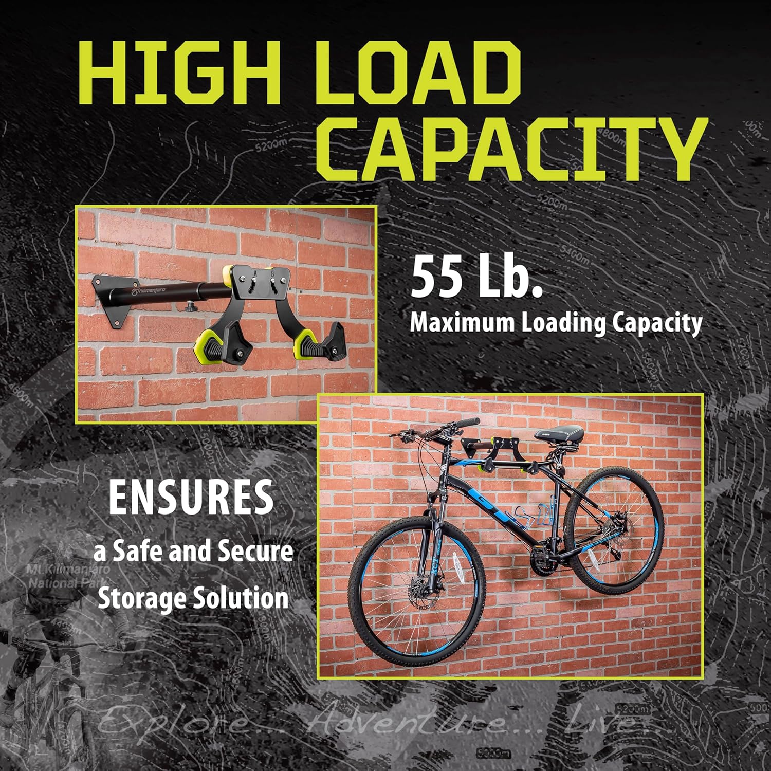 Kilimanjaro Bicycle Wall Mount – Heavy-Duty Bike Storage Rack with Extendable Arms, Flexible TPE-Coated Cradles, Sturdy Steel Construction – Holds Up to 55 lbs – 910535ECE