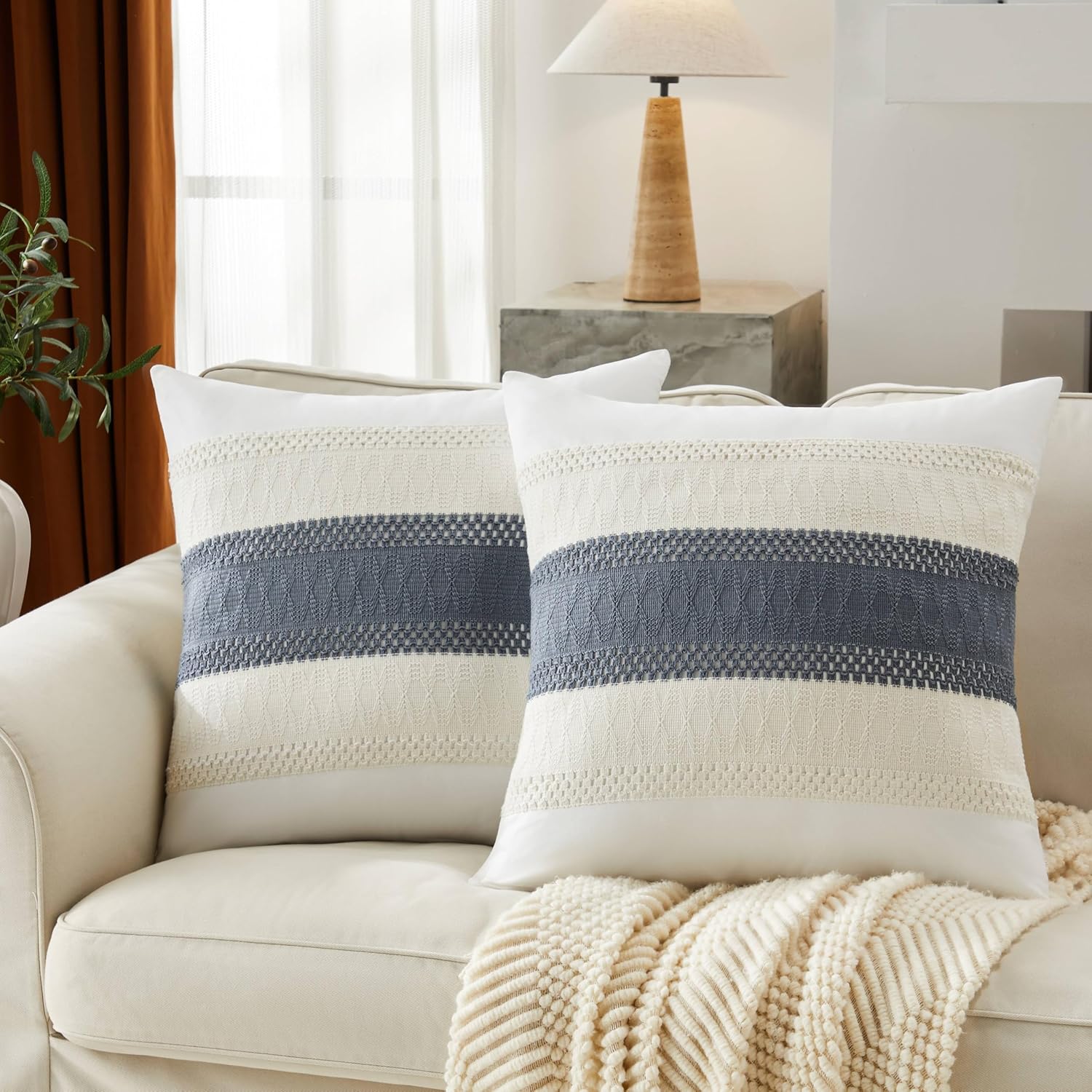 Soft Cotton Boho Throw Pillow Covers Set of 2, Natural White/Contrast Navy 24x24 Inch, Navy Farmhouse Decorative Cushion Covers for Sofa Bed Living Room Home Decor