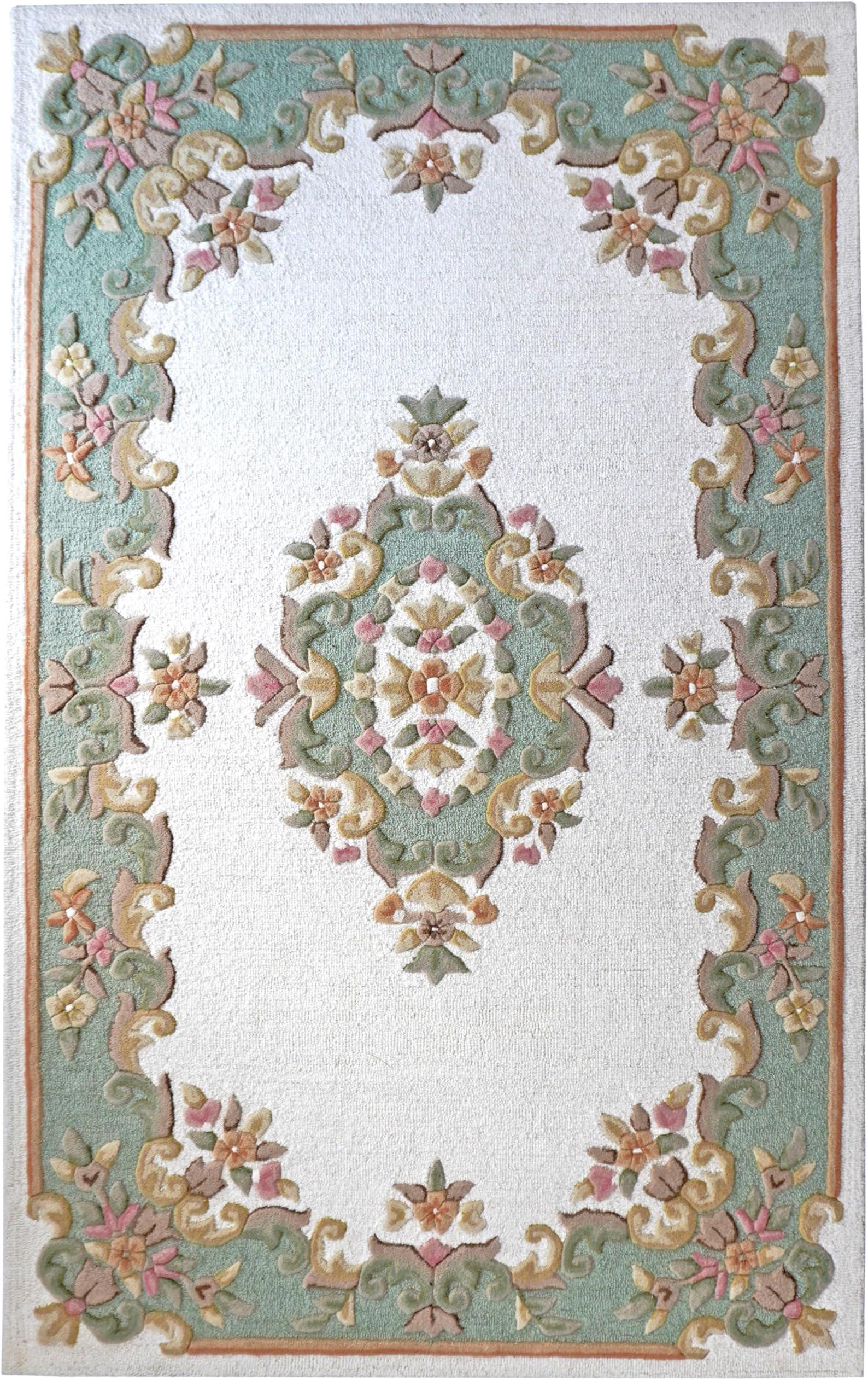 Floral Aubusson Style Area Rug Hand-Tufted Wool Carpet with Intricate Pastel Green Border, Classic Vintage-Inspired Design for Living Room, Bedroom, Dining & Home Décor
