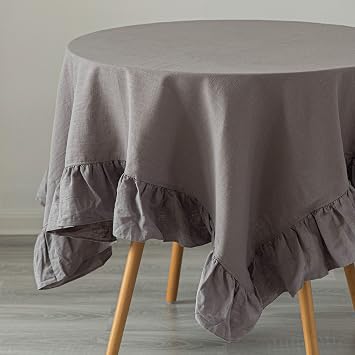 Deerlux 100% Pure Linen Washable Tablecloth with Ruffle Trim, 70" x 70" Square Gray