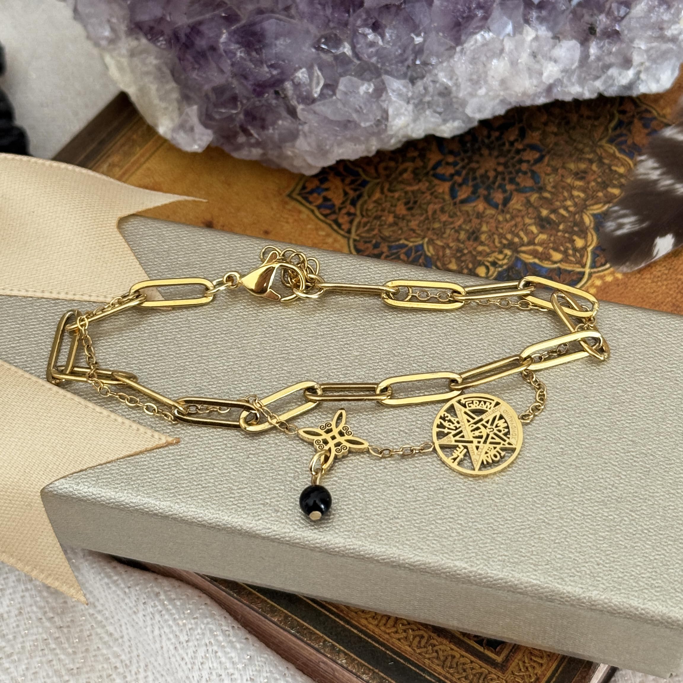 Simboliks Tetragrammaton con Nudo de Bruja, pulsera Amuleto de la Suerte Protección, Regalo Mujer, Talismán de protección personal, pulsera Ajustable Tetragramaton Regalo esotérico