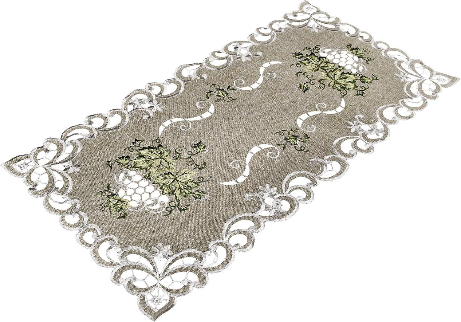 Embroidered Green Leaf on Antique Green Fabric Table Runner, Dresser Scarf, Coffee Table Doily (14Wx27L) (Pack of 2)