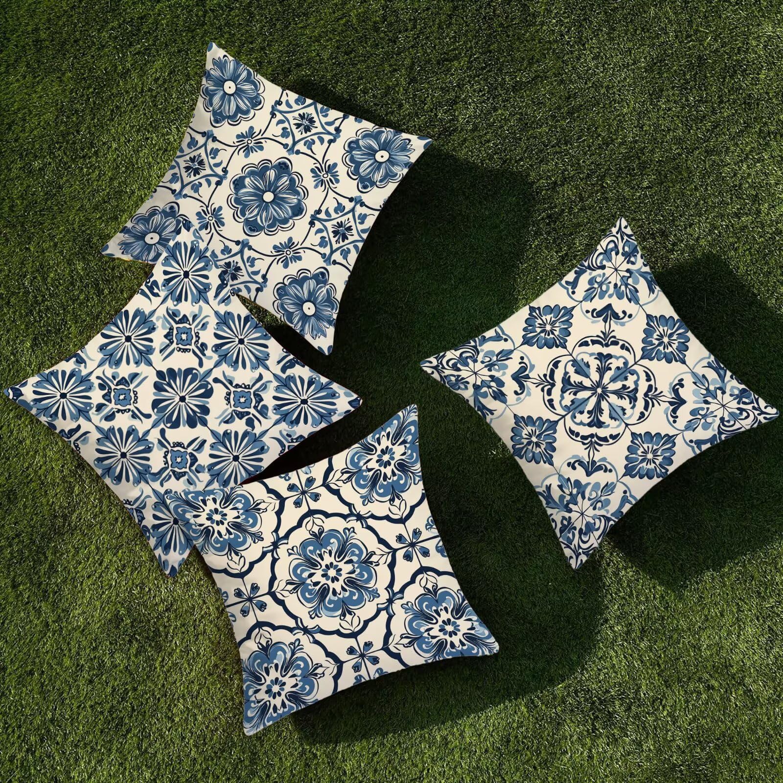 Juego de 4 Funda de Cojín Exterior Impermeable, 55x55 cm Fundas Cojínes Azules de Lino, Exterior Impermeable Lino Cojín Boho Decorativo, Fundas de Almohada para Patio Balcón Jardín Sofá Oficina I-69