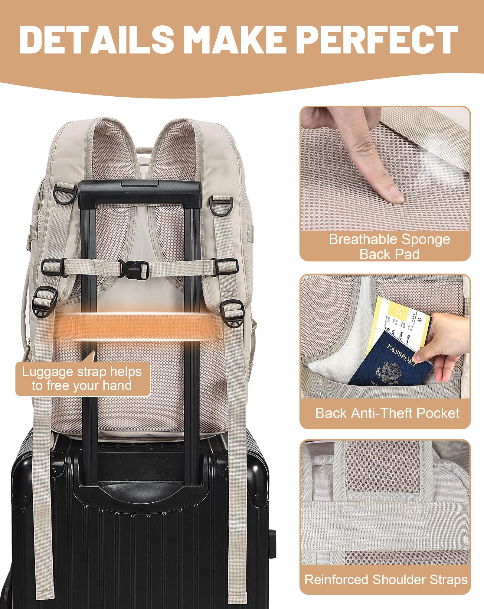 Bagage Cabine 40x30x20cm Extensible, Sac à Dos de Voyage, Sac Cabine Avion 24L-30L pour Vueling/Transavia, avec Compartiment PC 15.6" - Beige Crème