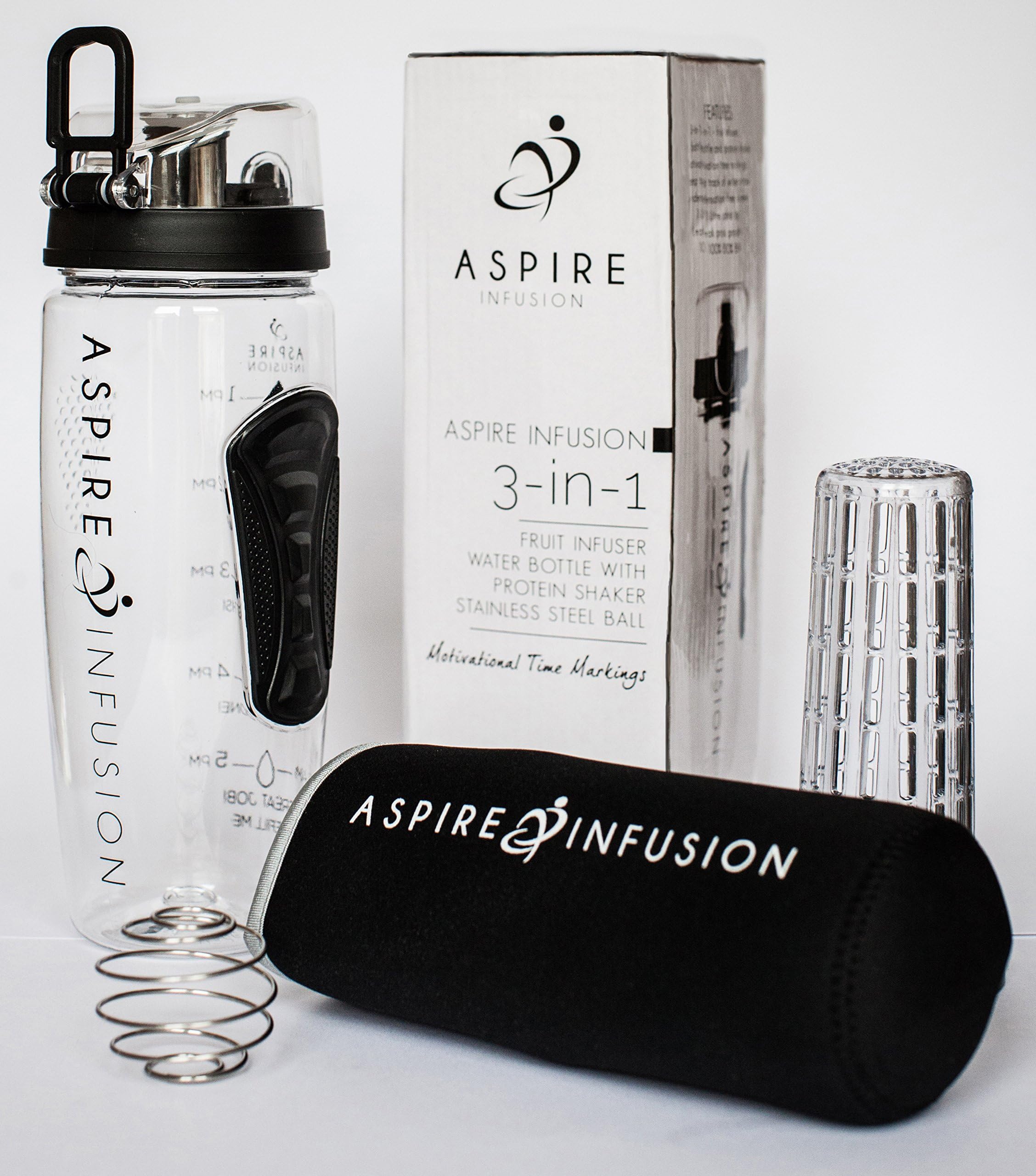 Aspire Infusion | 3-in-1 Fruit Infuser 1 Litre Motivational Water Bottle With Time Markings | Includes FREE Protein Shaker Stainless Steel Ball & Condensation Sleeve | Hydration Tracker