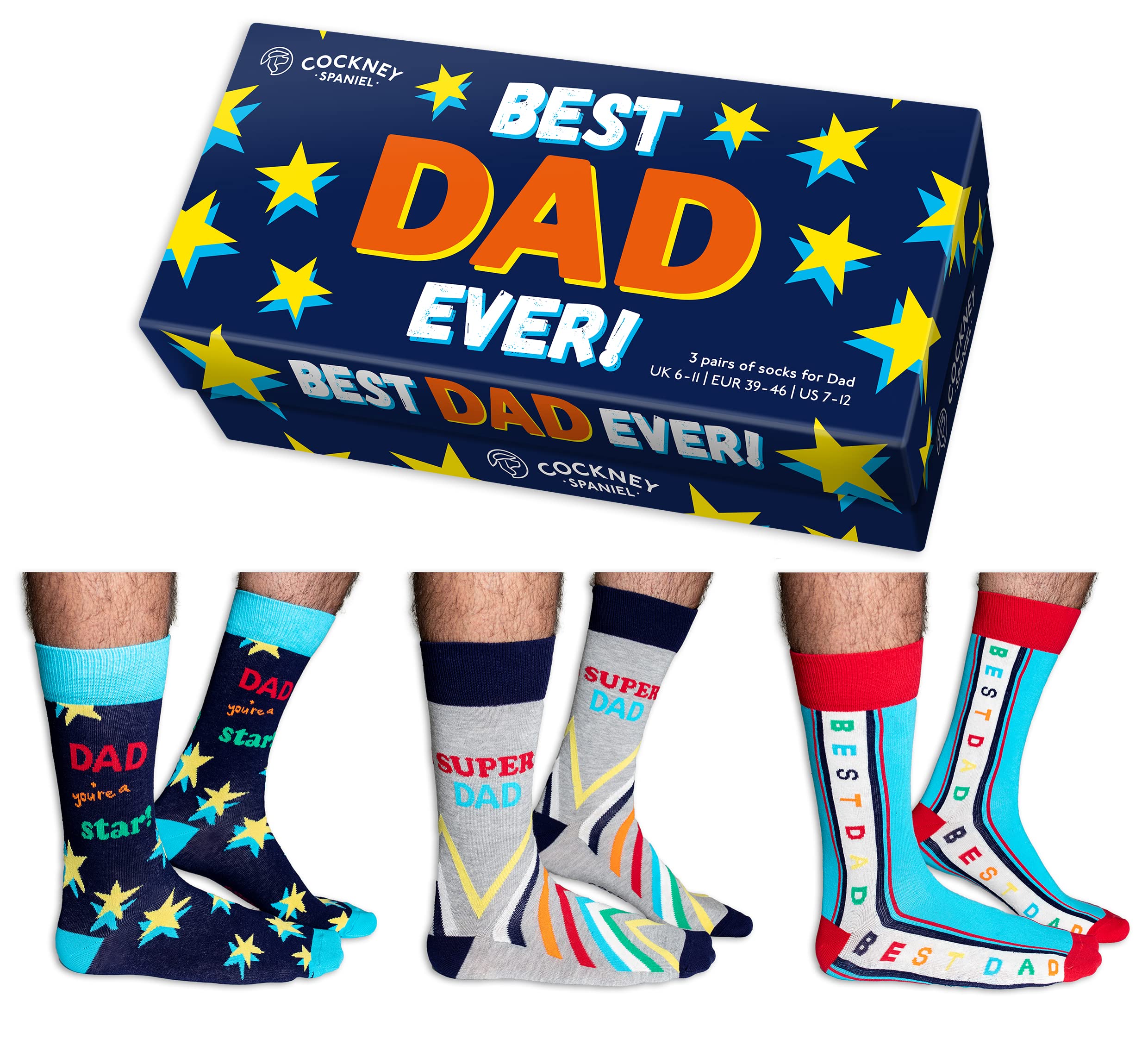Cockney Spaniel Men's Best Dad Novelty Gift For 3 Pairs Of Crew Socks, Size: Uk 6-11 (Eur 39-46), Fun And Quirky Gift For