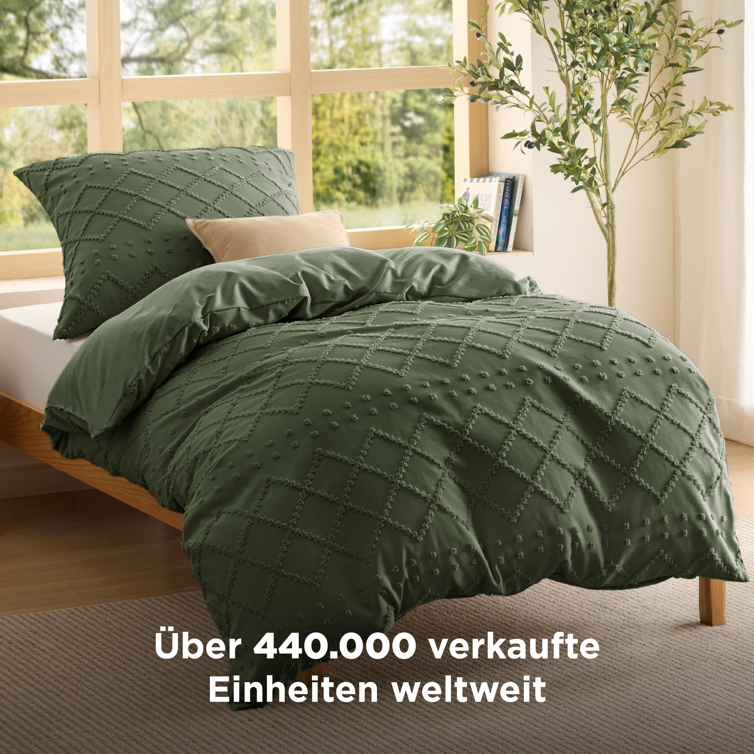 BEDSURE Juego de ropa de cama Boho de 135 x 200 cm, 2 piezas, color verde oliva, con 1 funda de almohada de 80 x 80 cm, con cremallera Öko-Tex
