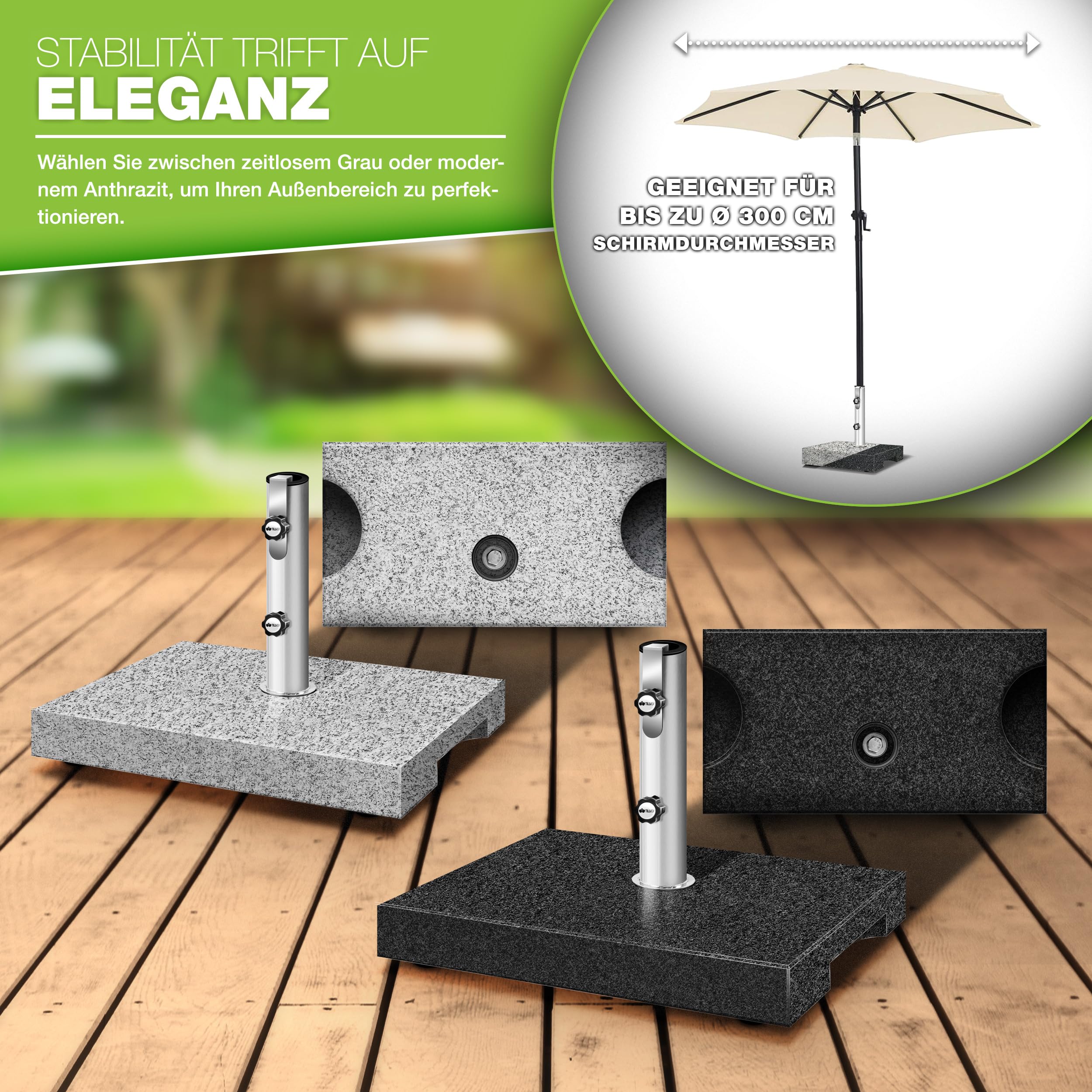 tillvex® Base per Ombrellone da Giardino in Granito, Rettangolare - 25 kg, con Tubo in Acciaio Inox, Supporto per ombrellone da Balcone da 16 a 48 mm e 300 cm di Diametro + Maniglia per Il Trasporto