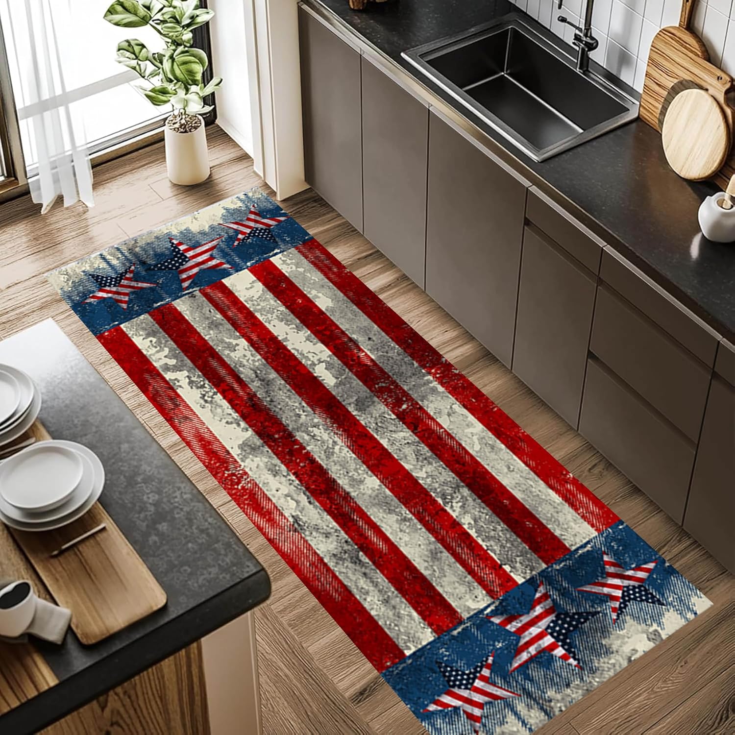 American USA Flag Runner Rug, 4x10ft, Distressed Red White Blue Stripe Star Freedom Banner Vintage Area Rug, Non Slip Low Pile Patriotic Decor Carpet for Living Room Kitchen