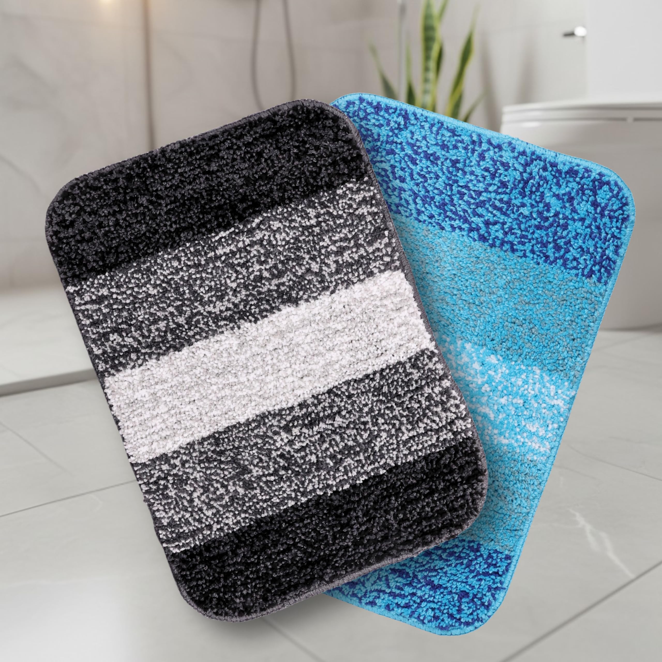 SARAL HOME EASY LIVING Microfiber Striped Anti-Skid Bath Rectangular Mats,35x50cm |Set of 2(Turquoise & Black)