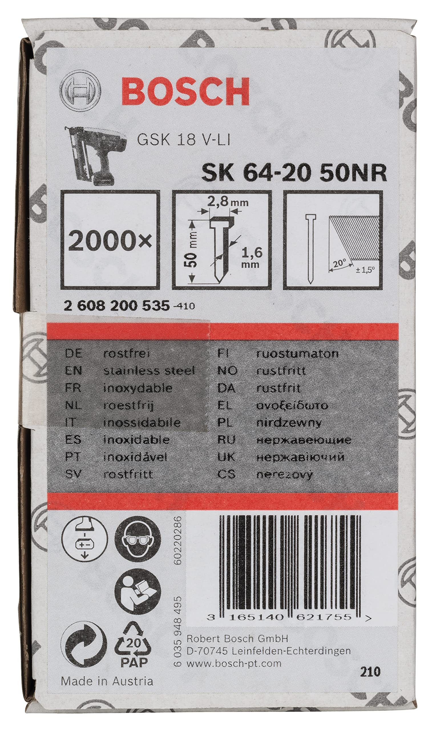 Bosch Profesional GWÓŹDŹ SK64-20 50NR 1.6MM 2'000 PC