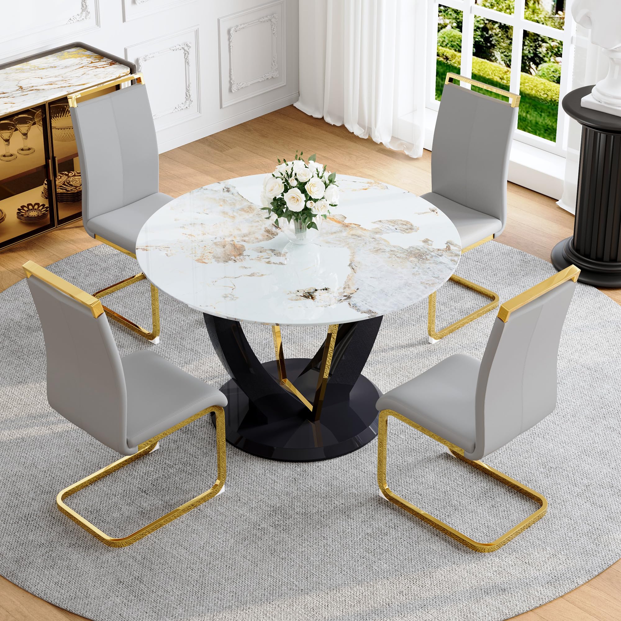 LFVFFA Round Faux Marble Dining Table Set for 4, Modern 48" Temepred Glass Tabletop with Black Glossy Pedestal, 5 Piece Circle Kitchen Table Set with