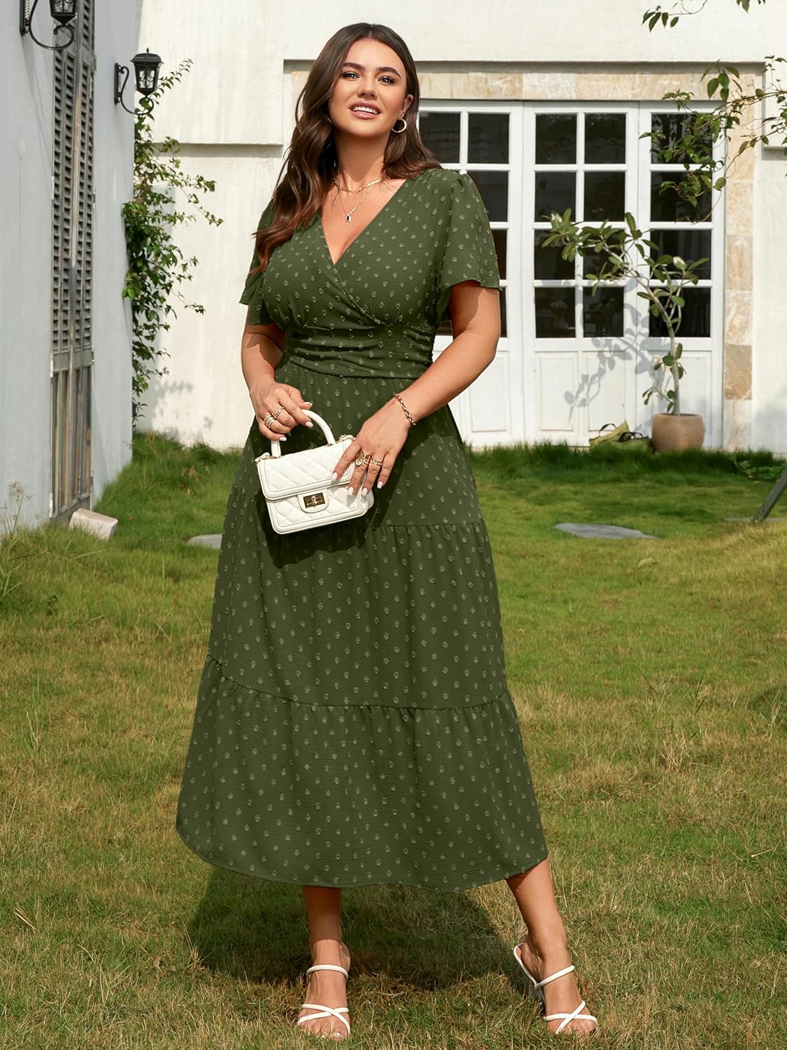 RWJ Women's Plus Size Wrap V Neck Dress Summer Short Sleeve Swiss Dot Empire Waist Casual Holiday Wedding Maxi Dresses - Image 4