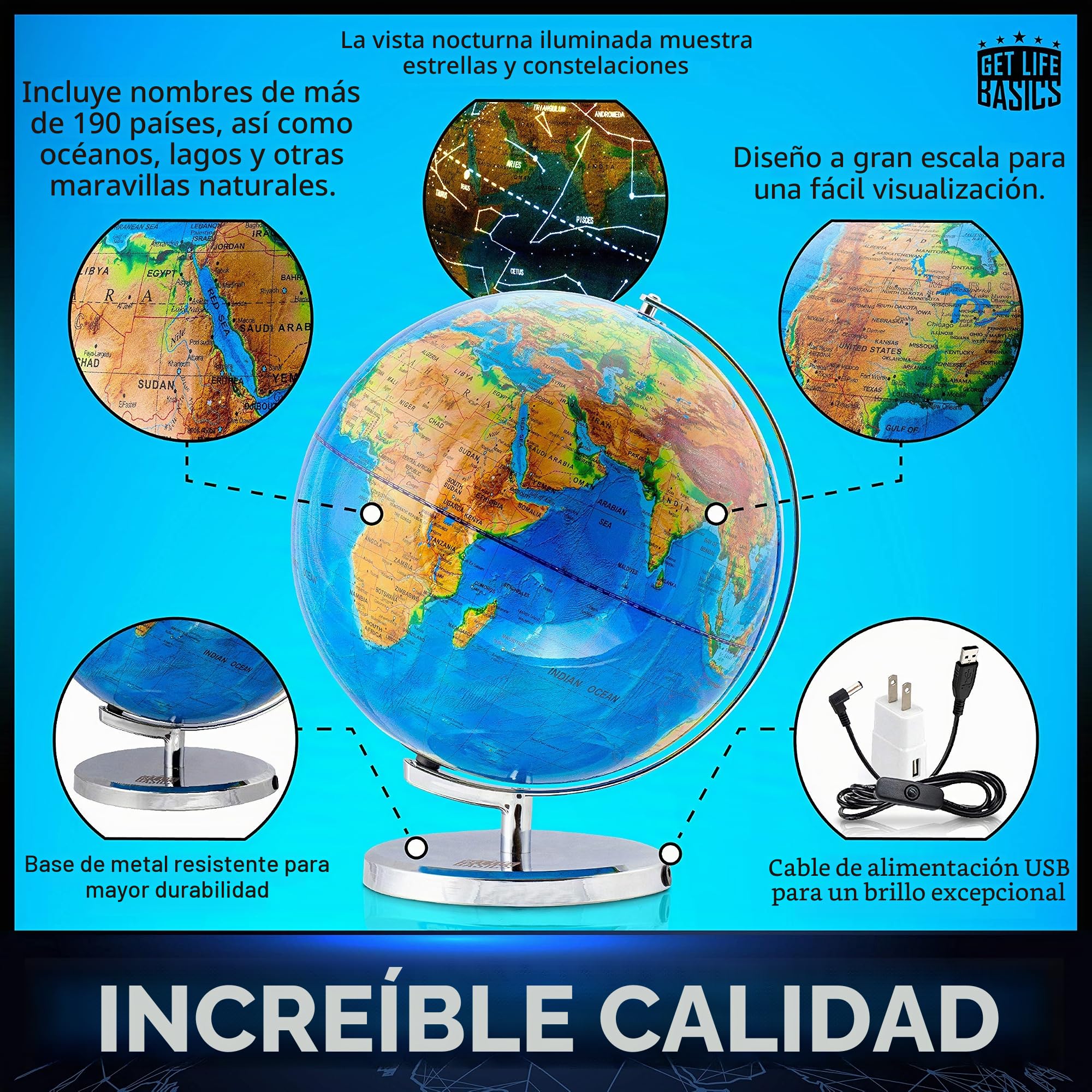 Globo terráqueo interactivo grande de 33 cm para adultos y niños, 33 cm con soporte, con constelaciones que se iluminan por la noche, mapa geográfico para regalo educativo de aprendizaje, con brújula
