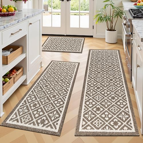 Ileading 3 Piece Washable Brown Kitchen Mat Set