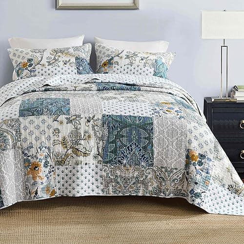 DURLENGEN Juego de edredón floral tamaño King, 3 piezas, patrón floral de cachemira azul y verde, para todas las estaciones, juego de colcha ligera