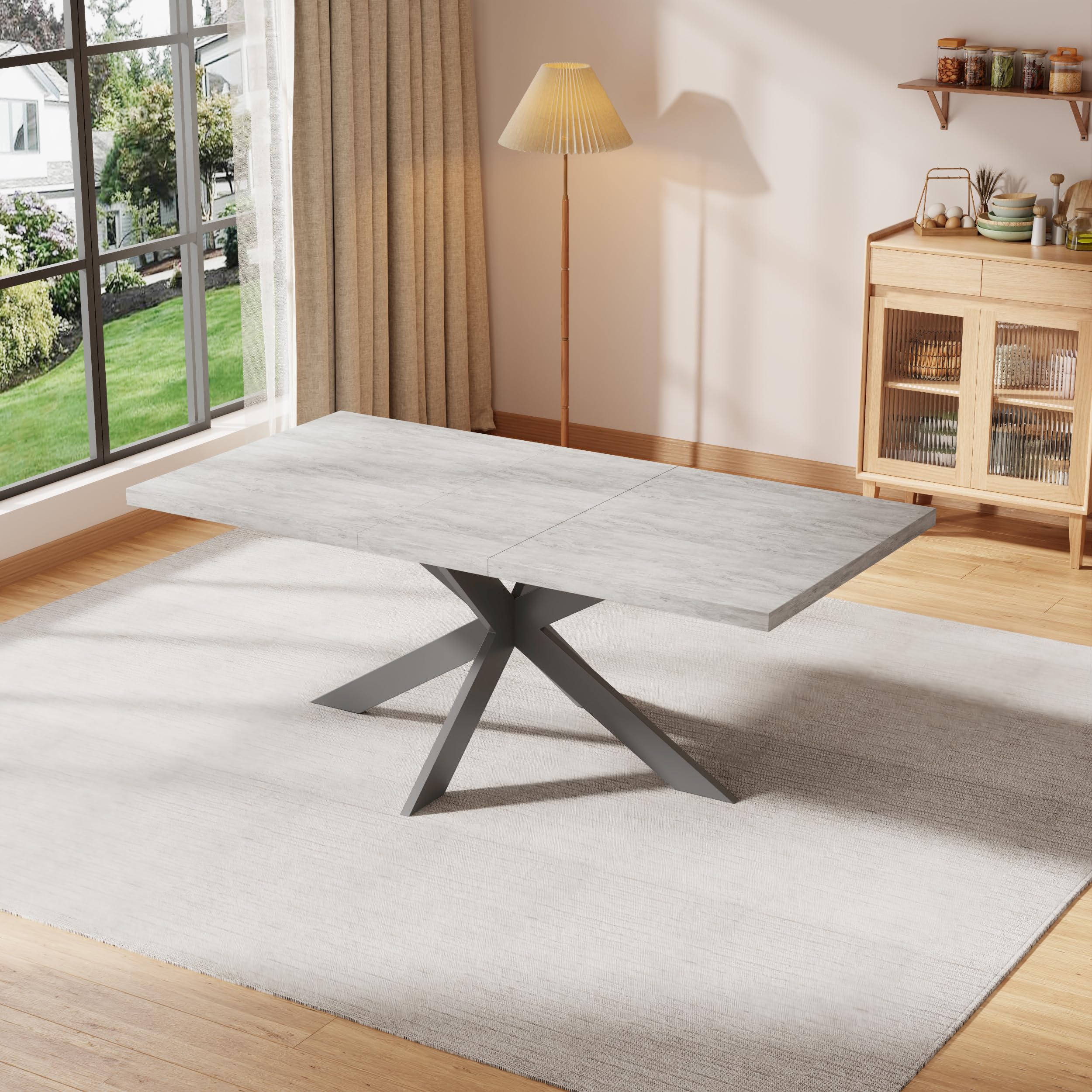extendable dining table set for 6-8 people, 51"-67" modern rectangular dining table with 6 chairs, grey tabletop with sturdy metal frame, space-saving expandable kitchen table set for dining room(table legs only)