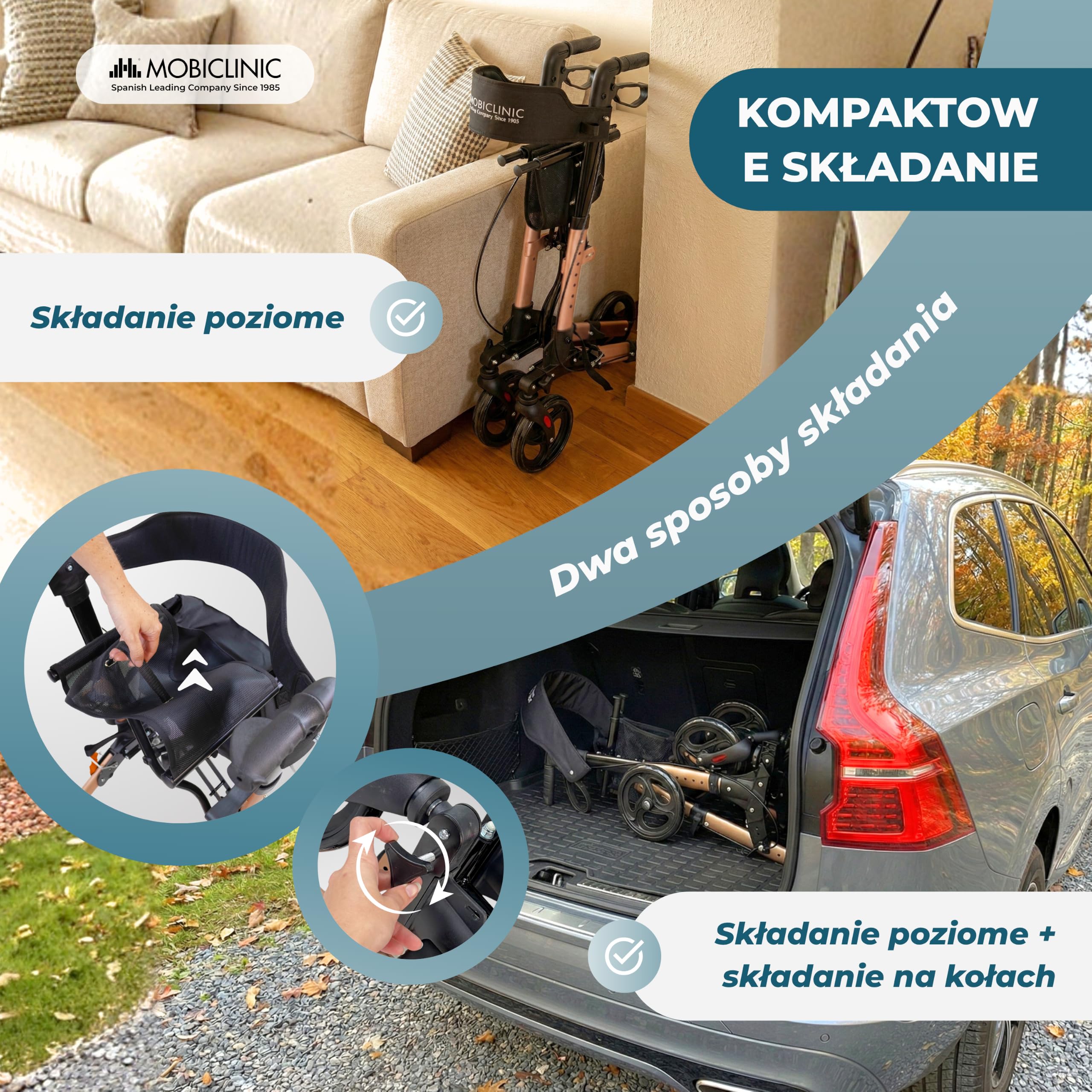 Mobiclinic®, Chodzik Składany, Siedzisko i Oparcie, do 136 kg, Różowe Złoto, Regulowana Wysokość, Kosz do Przechowywania, Uchwyt na Laskę, Hamulce i Blokada Bezpieczeństwa, Aluminium, Trajano