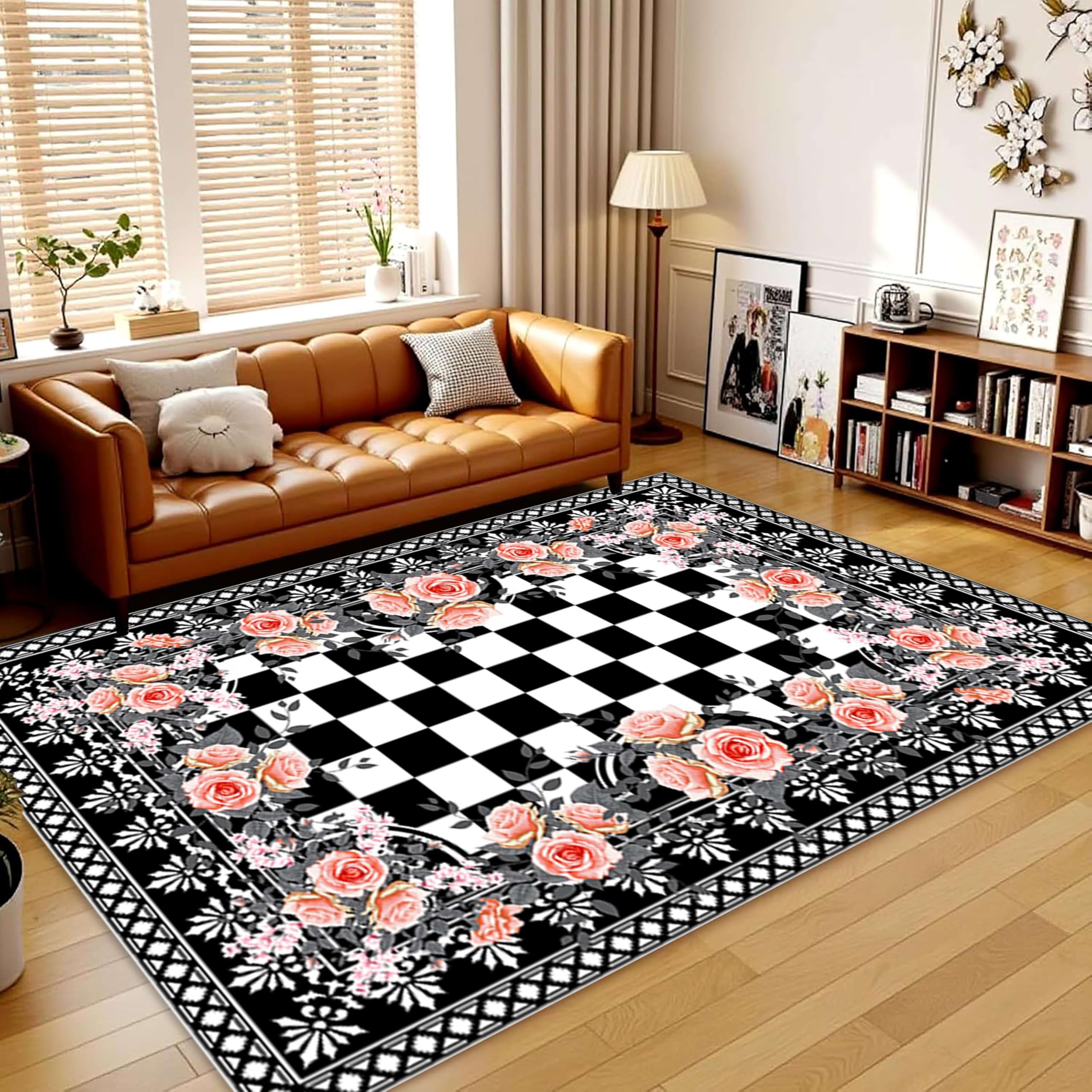 Rose Buffalo Plaid Accent Rug, 140x200cm, Luxury Elegant Classical Victoria Vintage Pink Floral Area Rug, Premium Breathable Traditional Home Decor Carpet for Ladies Room Bedside