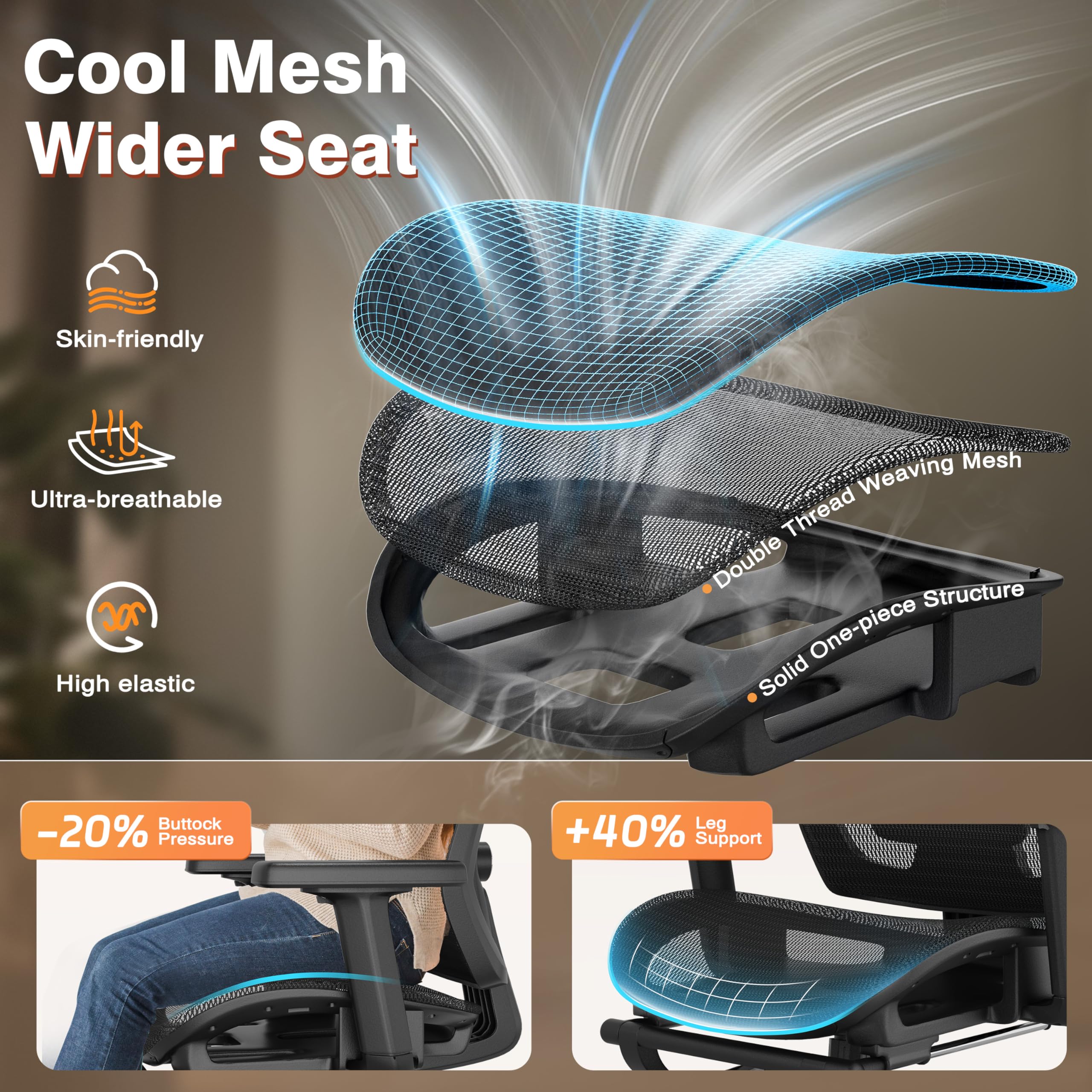 Ergonomic Office Chair with Foot Rest, Home Mesh Desk Chair with Adjustable Lumbar Support, 3D Armrest, 3D Headrest, 90°-135° Lockable Reclining Function, Comfy High Back Swivel Computer Gaming Chairs