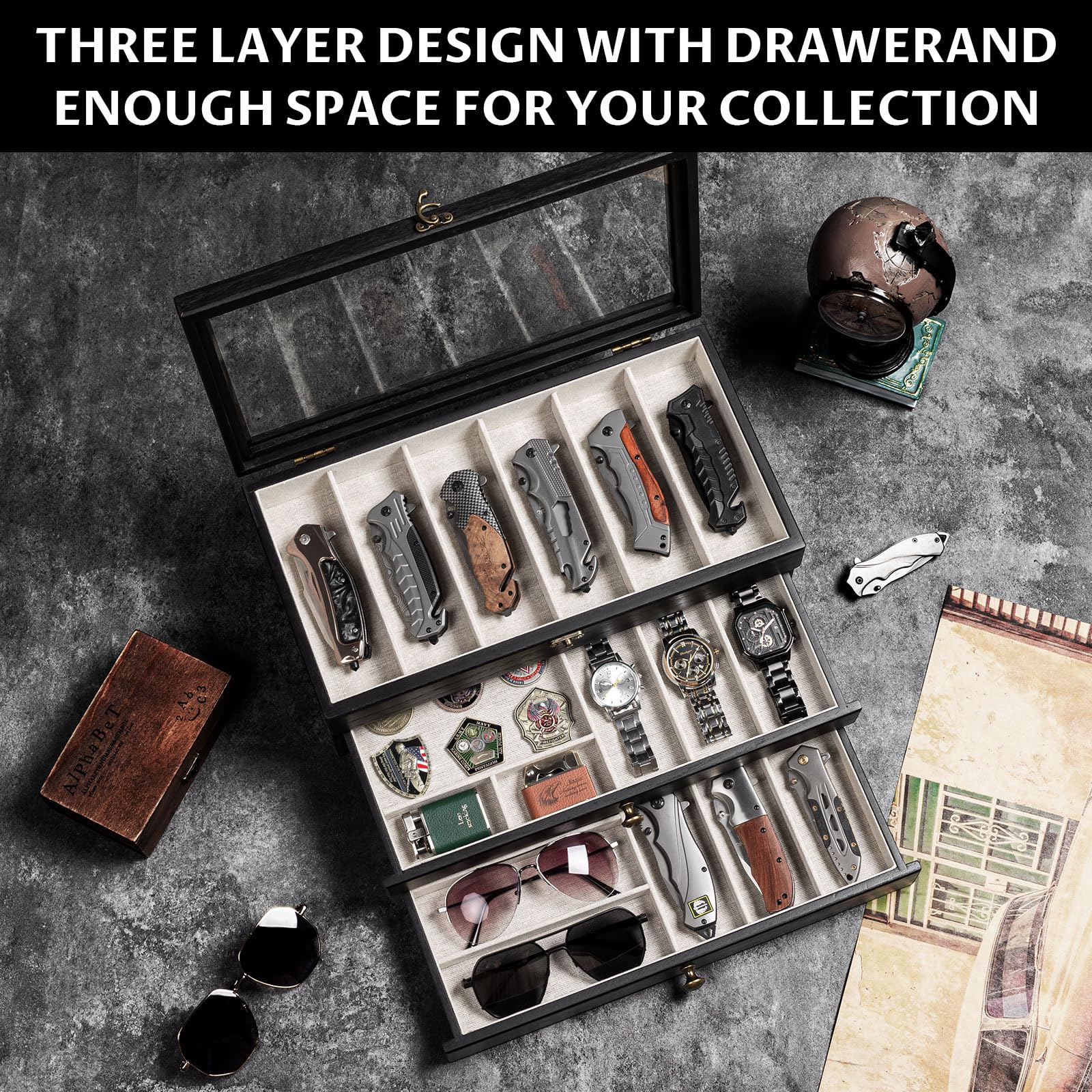 3 Étages Coffret Poignard, Bois Boîte Présentoir à Couteaux avec Tiroir et Couvercle Transparent, Support à Couteaux pour Exposer et Ranger les Couverts, pour Collection, Cadeau (Noir)