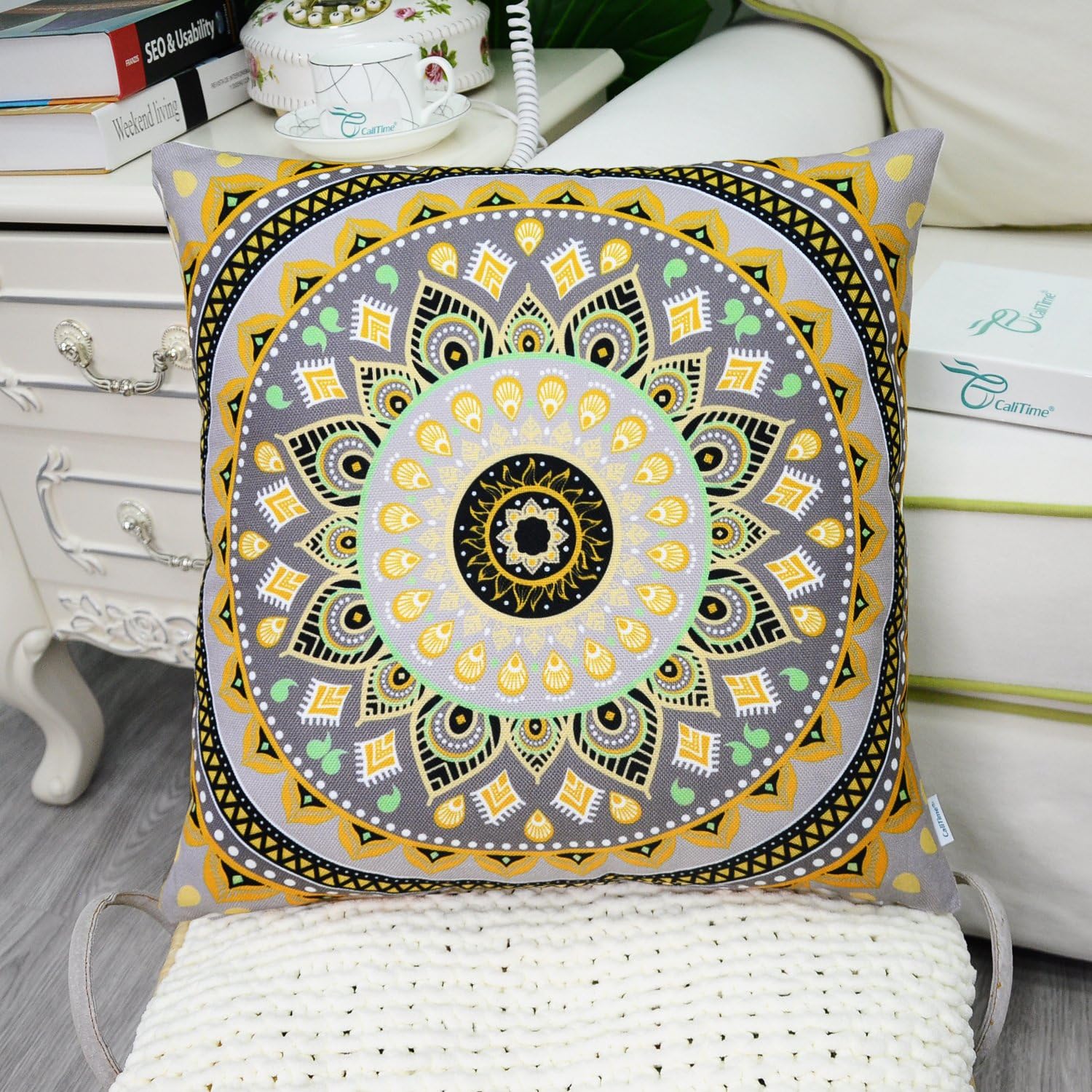 CaliTime Pack of 2 Soft Canvas Throw Pillow Covers Cases for Couch Sofa Home Decor Retro Mandala Pattern Compass Medallion 18 X 18 Inches
