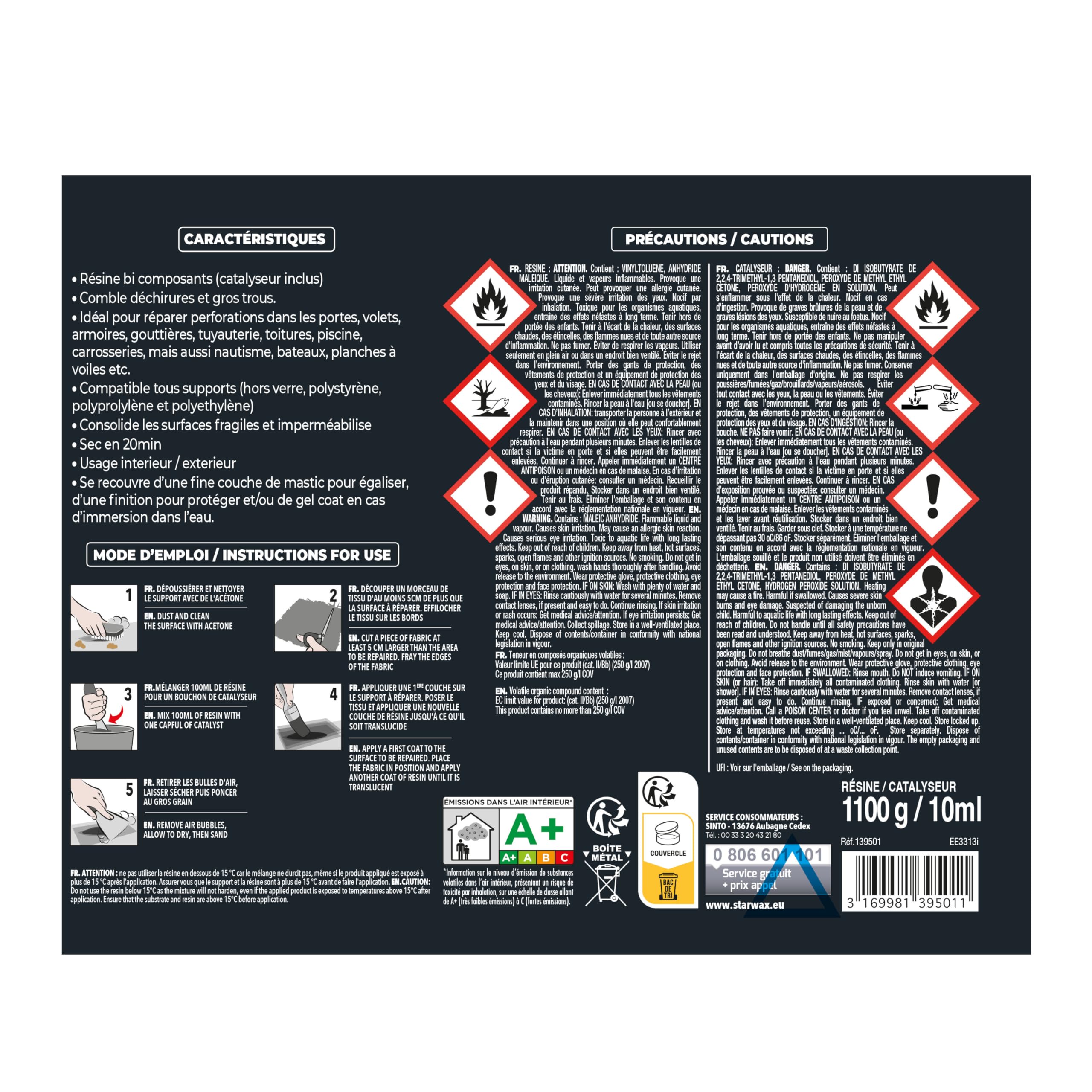 SINTO Résine polyester répare métaux plastiques et composites 1kg, consolide colmate et imperméabilise, gouttières volets carrosserie et stratifiés, caravanes et bateaux, intérieur et extérieur