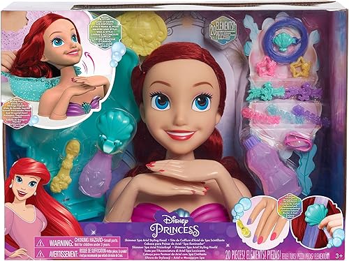 Disney Princess Shimmer Spa Ariel 8-inch Styling Head, 20-Pieces, Red Hair, Pretend Play, Kids Toys for Ages 3 Up by Just Play