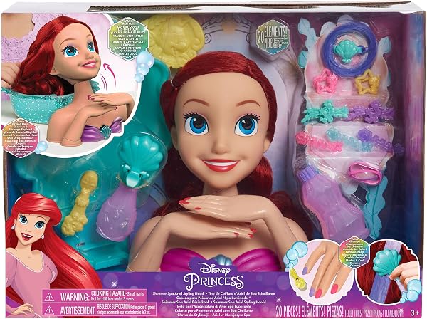 Disney Princess Shimmer Spa Ariel 8-inch Styling Head, 20-Pieces, Red Hair, Pretend Play, Kids Toys for Ages 3 Up by Jus